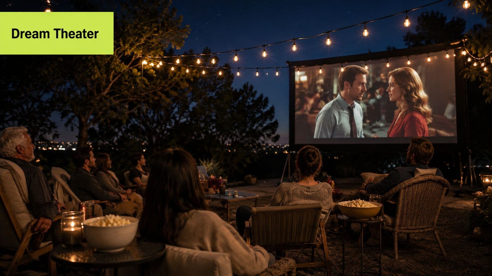 A group of friends enjoy an outdoor movie night in a cozy backyard setting at night.