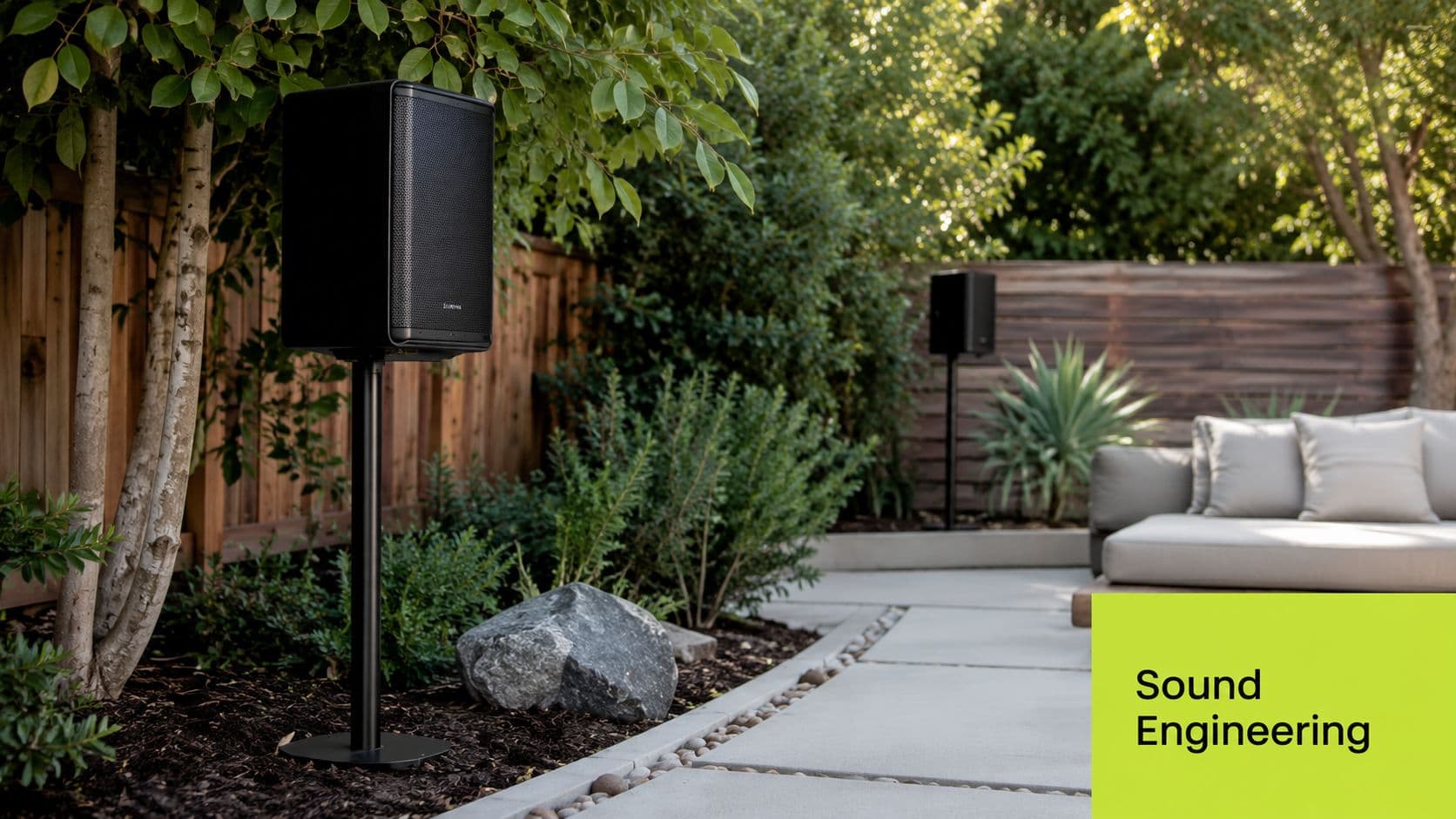 Professional black outdoor speakers set up on stands in a modern backyard garden patio setting.