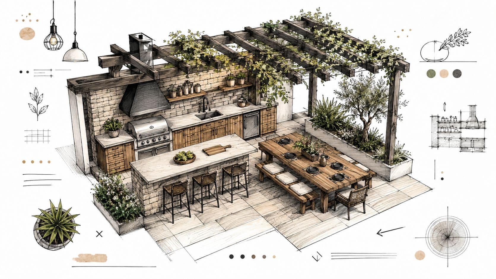 A detailed architectural sketch of a modern rustic outdoor kitchen with a pergola and dining area.