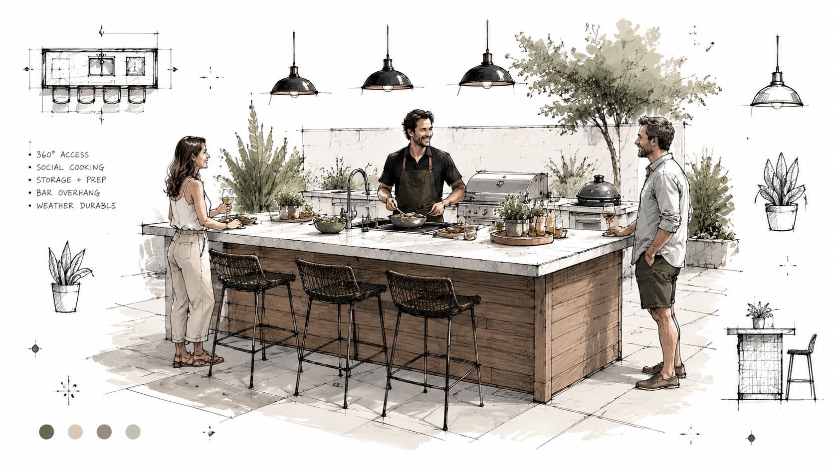 A sketch-style illustration showing people socialising around a modern outdoor kitchen island on a sunny patio.