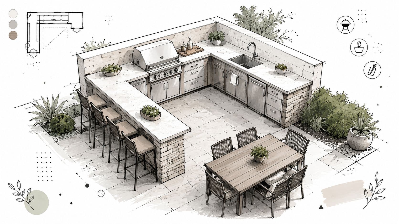 A detailed 3D architectural sketch of an L-shaped outdoor kitchen with a dining area and garden space.
