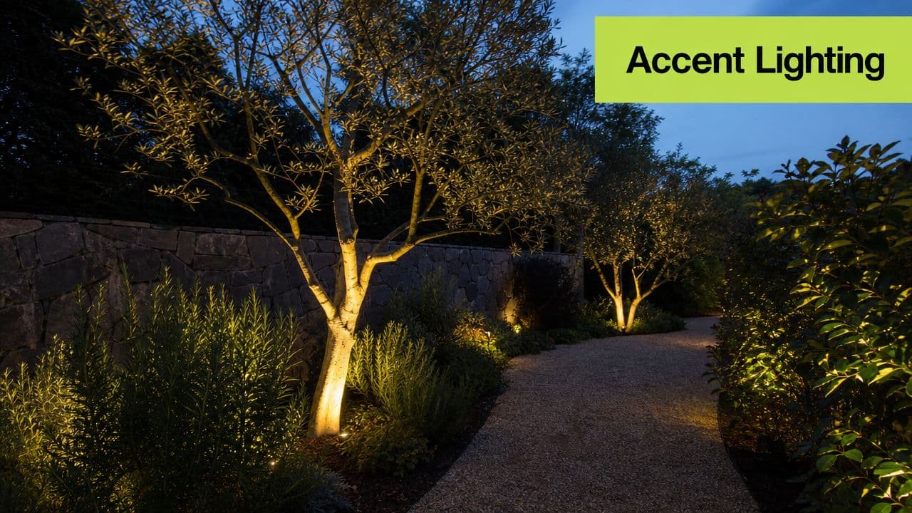 A scenic garden pathway illuminated by warm accent lighting during the blue hour twilight.