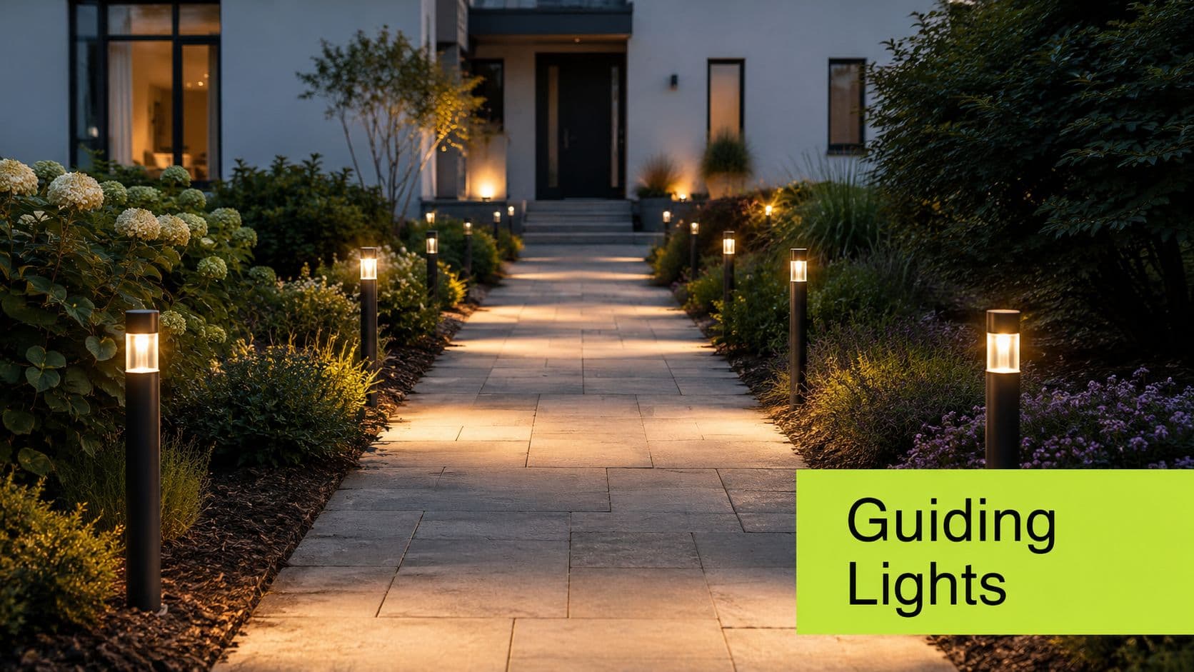 A modern stone garden pathway illuminated by elegant bollard lights at dusk leading to a house entrance.