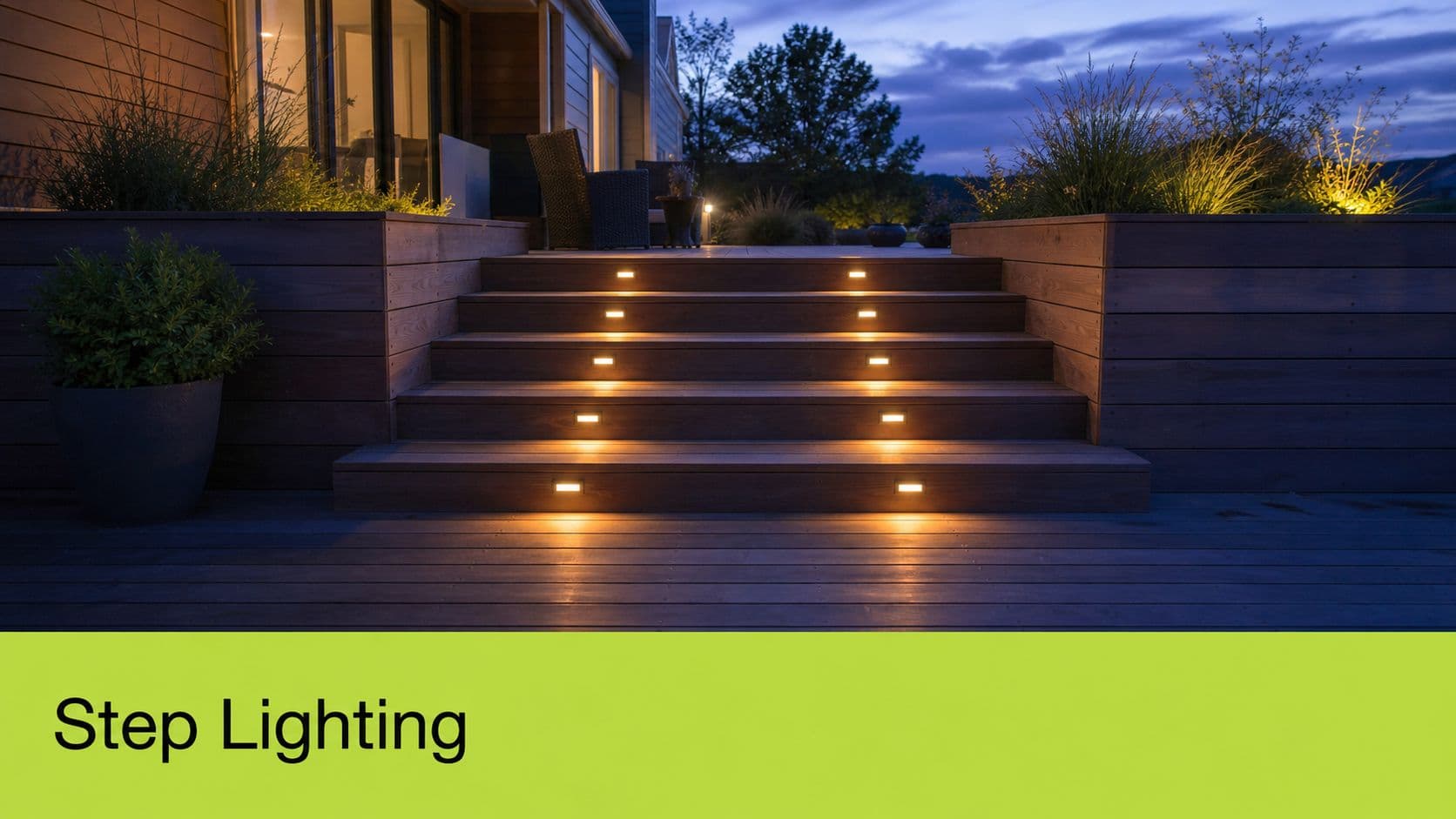 A wooden deck staircase illuminated by warm LED step lights at twilight, featuring modern landscaping and planters.