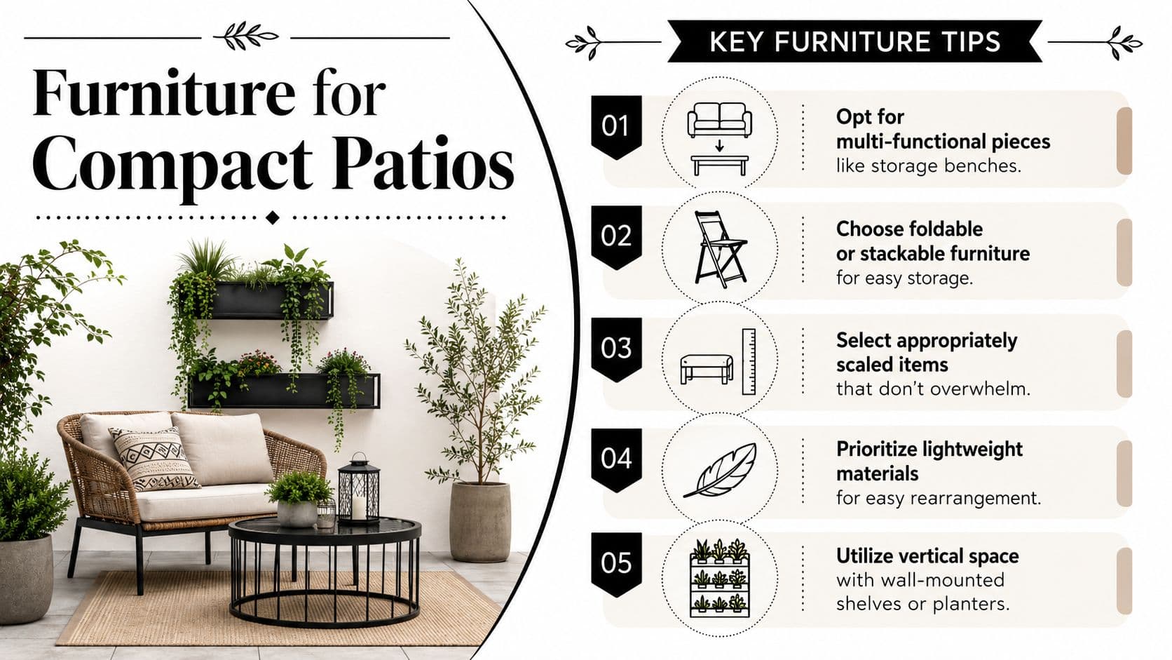 A five-point guide on how to choose furniture for small outdoor patio spaces efficiently.