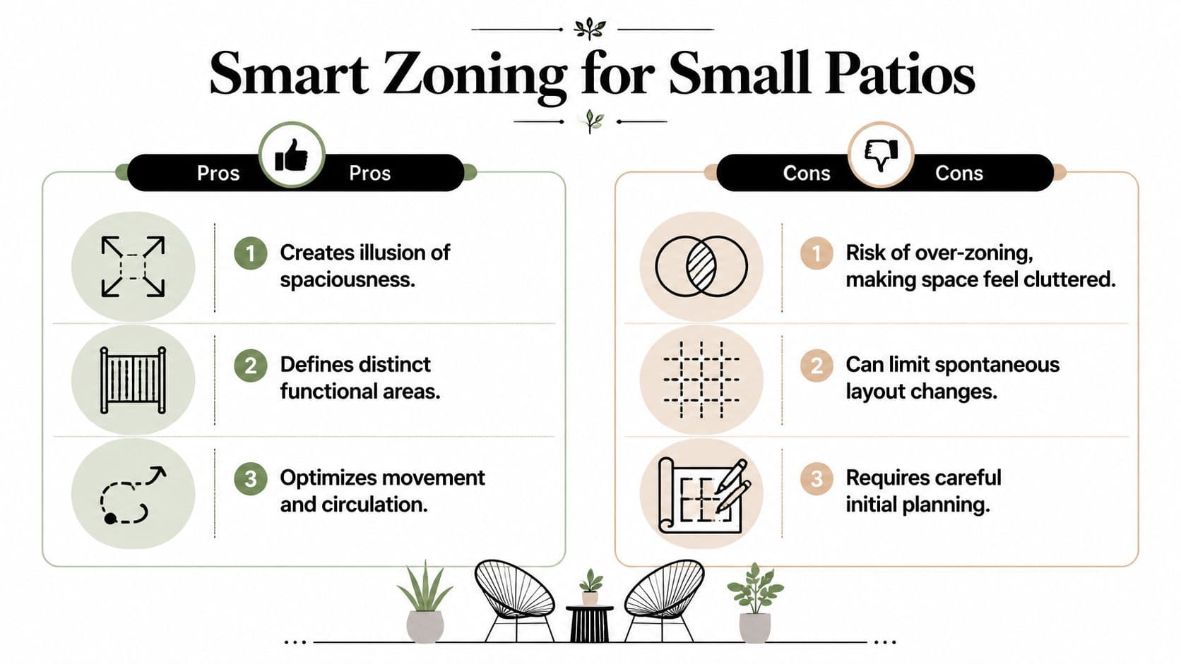 An infographic titled Smart Zoning for Small Patios showing pros and cons for outdoor space planning.