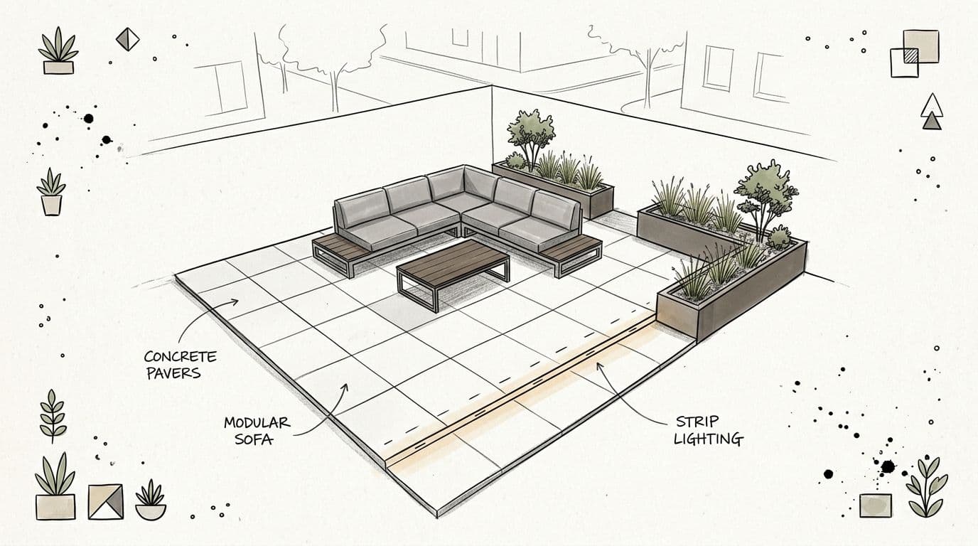 A minimalist patio design illustration featuring a modular sofa, concrete pavers, and sleek strip lighting elements.