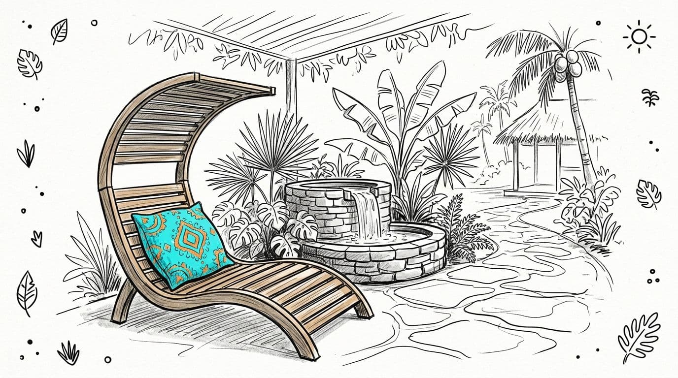 A relaxing tropical patio design featuring a wooden lounge chair with a patterned pillow near a fountain.