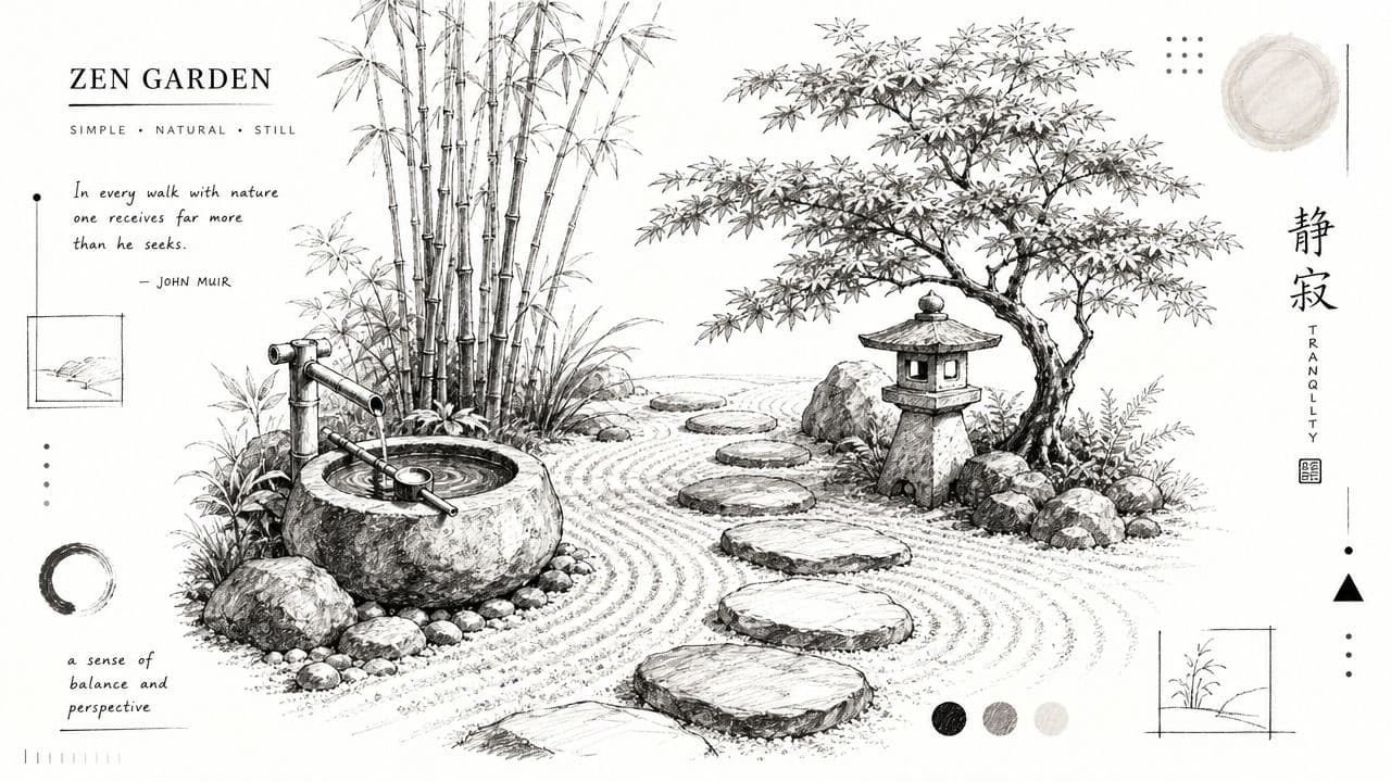 A detailed black and white sketch of a peaceful Zen garden with bamboo, stone path, and lantern.