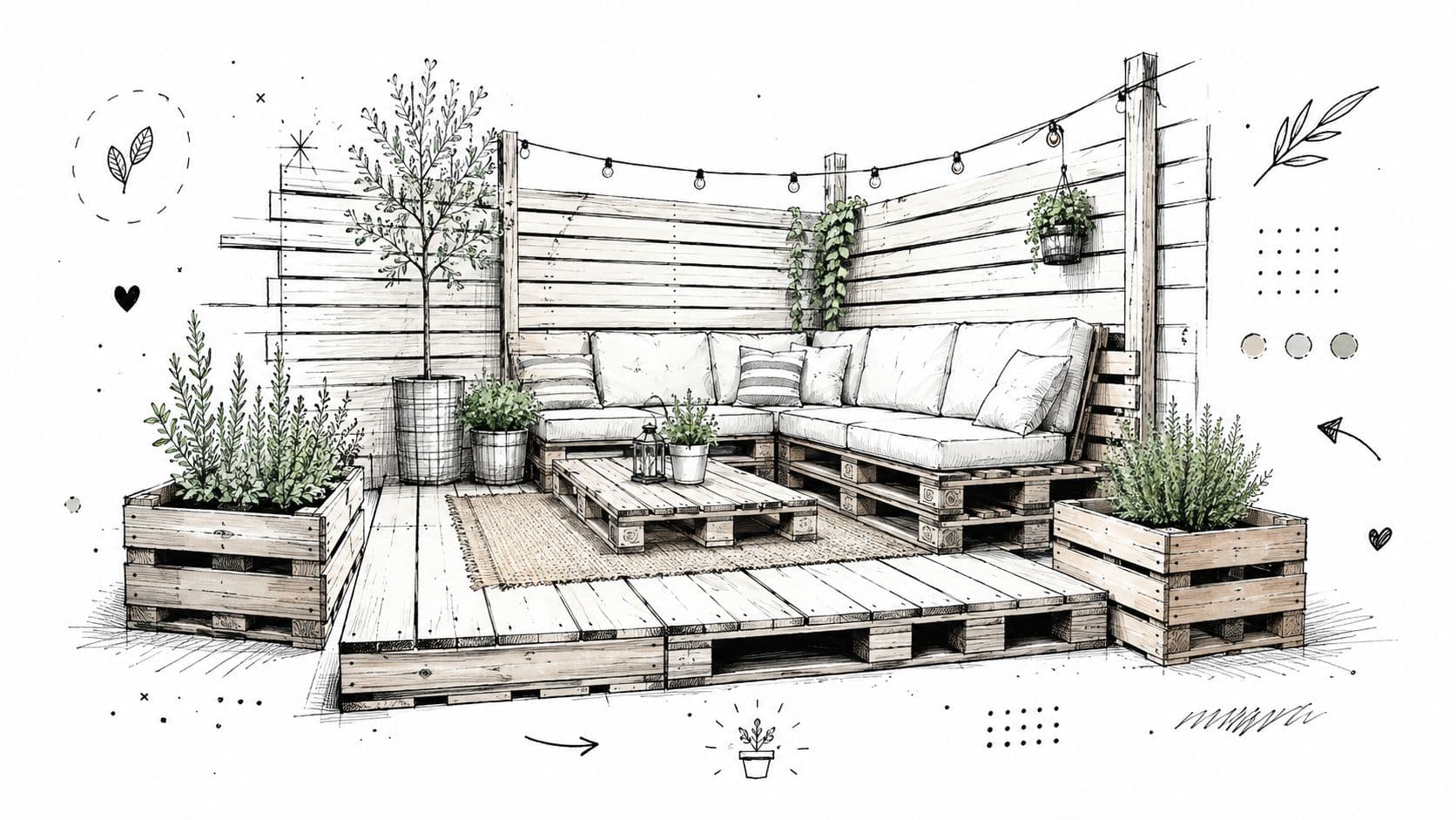A modern outdoor patio lounge area featuring DIY furniture made from wooden shipping pallets and lush plants.