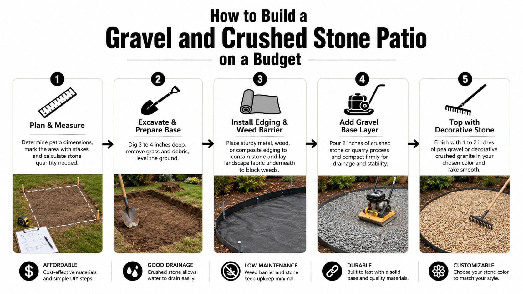 A five-step infographic showing how to build a budget-friendly gravel and crushed stone patio.