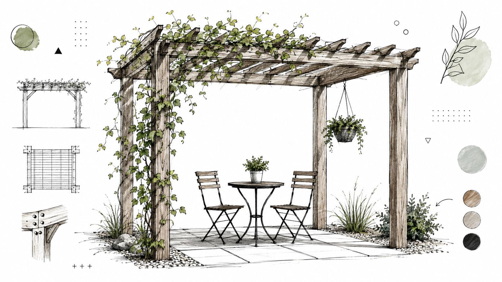 A detailed architectural sketch of a wooden pergola with a bistro table and chairs on a patio.