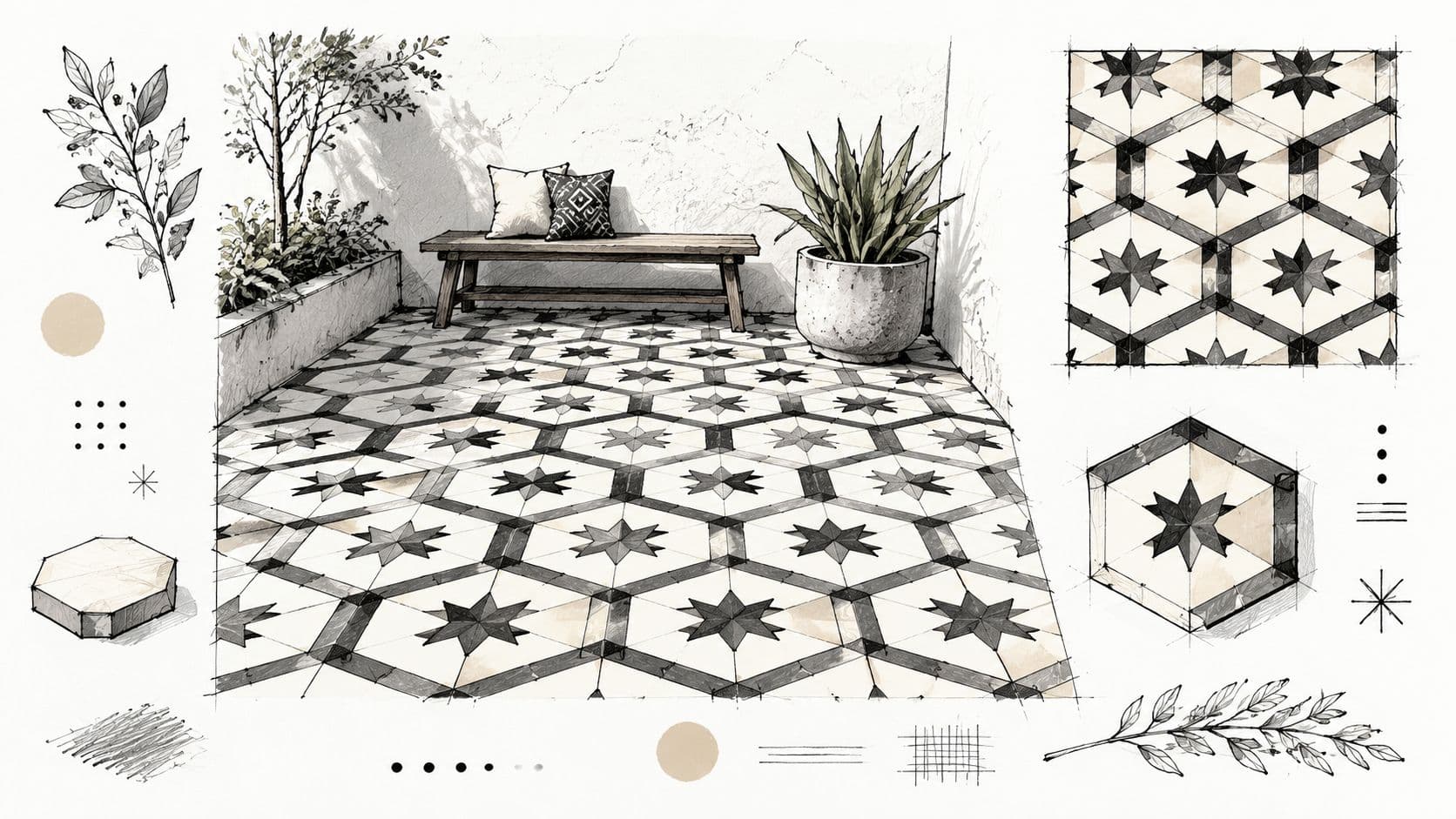 A detailed architectural sketch of a stylish outdoor patio featuring geometric hexagonal floor tiles and decorative plants.