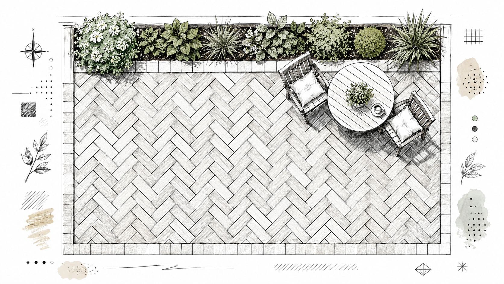An overhead architectural sketch of a herringbone brick paver patio featuring a round dining set and garden.