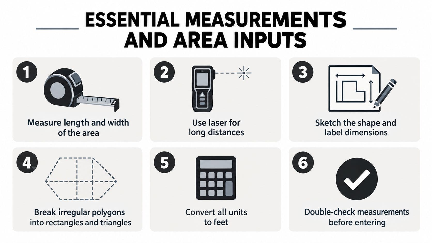 A step-by-step infographic illustrating six essential methods for measuring areas accurately for construction or landscaping projects.