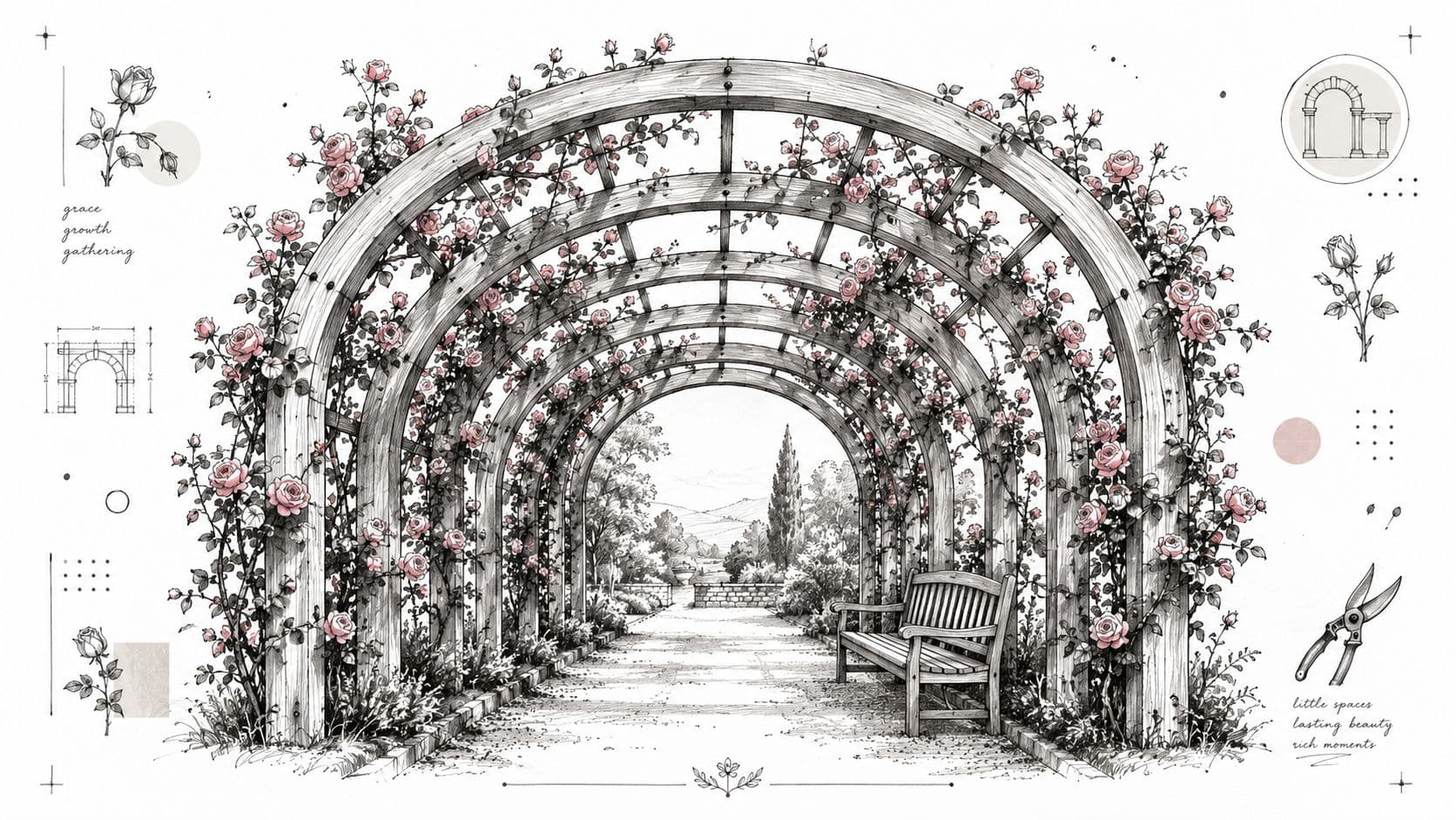A beautiful charcoal-style sketch of a garden pergola adorned with climbing roses, featuring a peaceful bench.