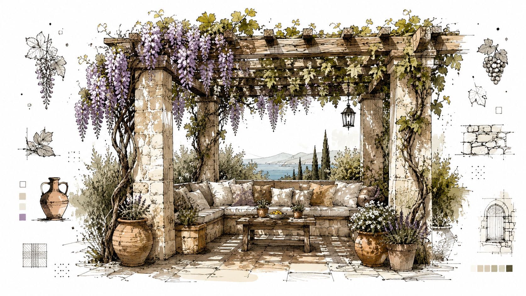 A watercolor sketch of an outdoor stone pergola with climbing wisteria, comfortable seating, and a scenic sea view.