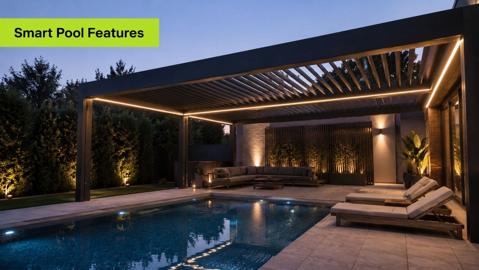 A modern outdoor living space featuring a louvered pergola over a swimming pool with ambient evening lighting.