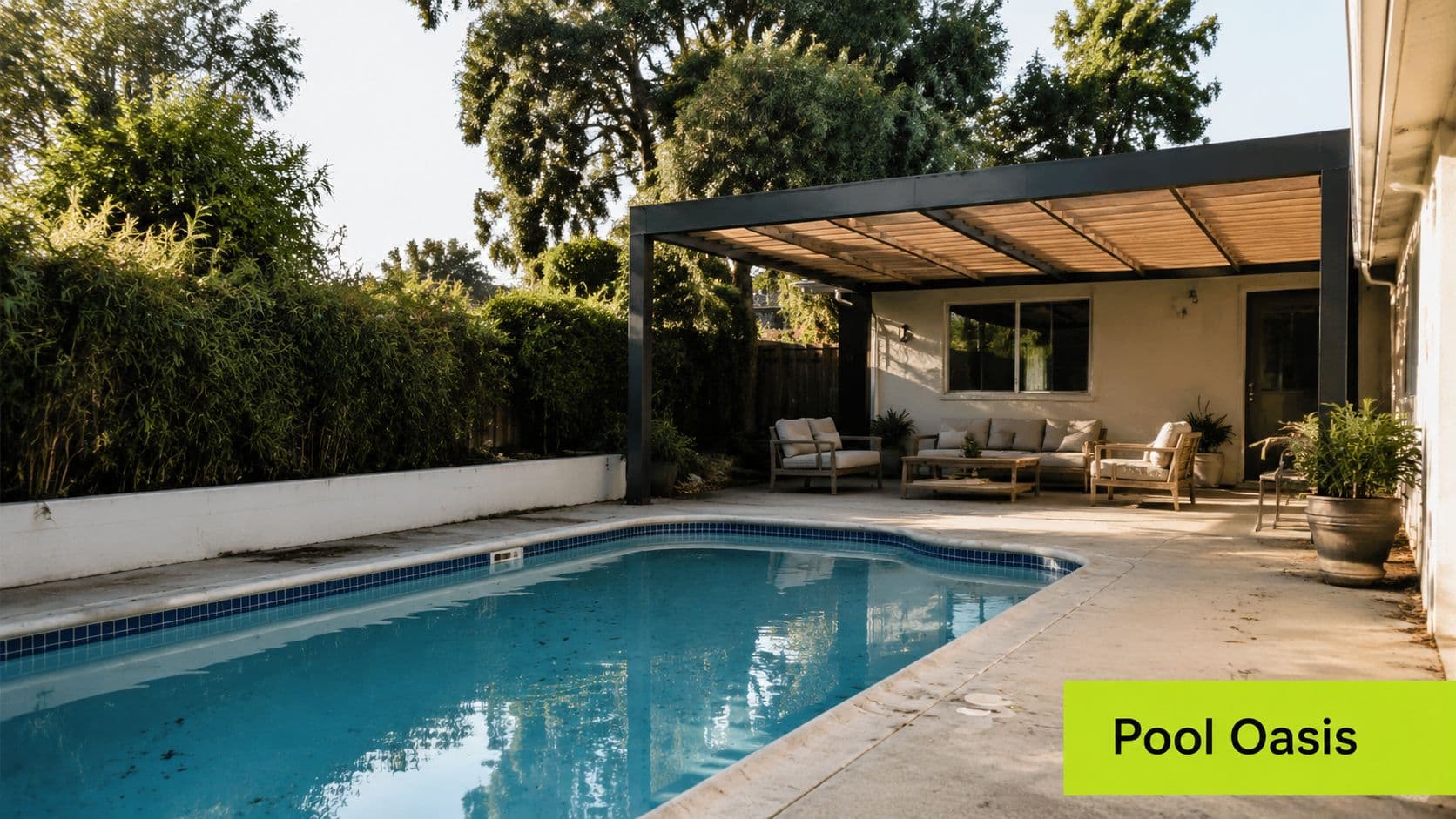 A modern patio with a pergola over a swimming pool featuring comfortable outdoor seating and greenery.