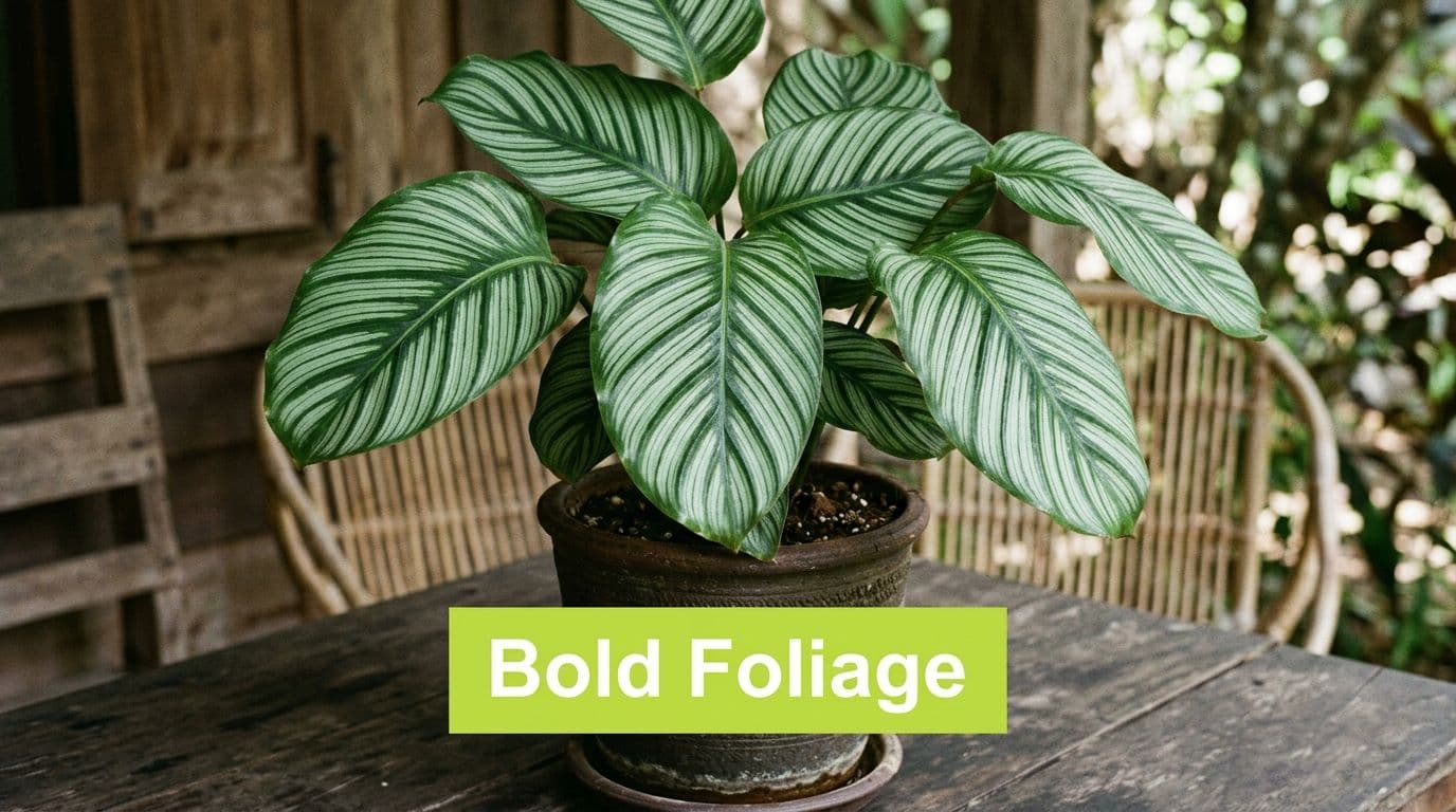 A beautiful Pinstripe Calathea plant with bold striped leaves sitting in a rustic pot on a wooden table.