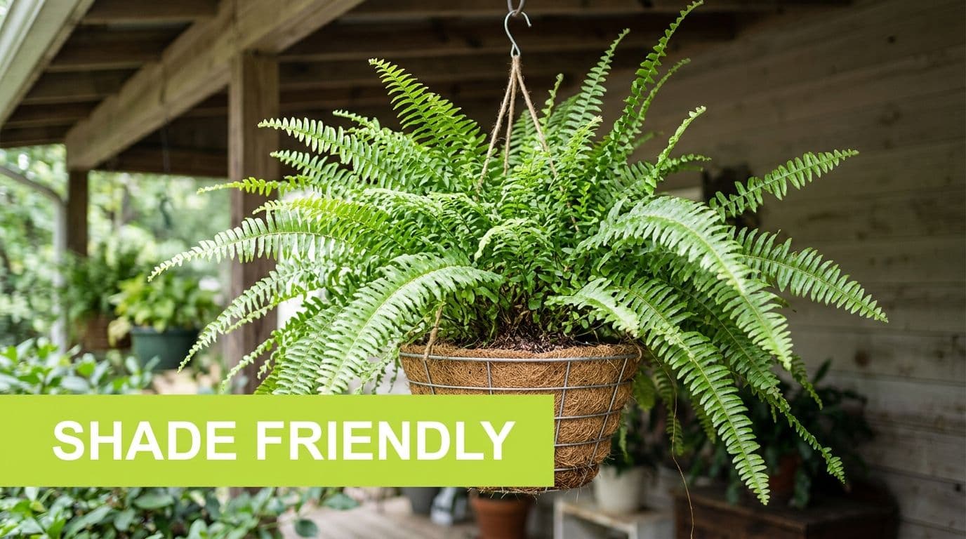 A lush green Boston fern plant in a hanging basket on a porch, labeled as shade friendly.