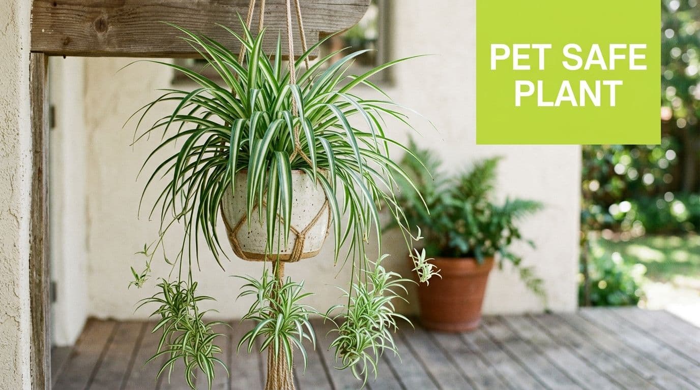 A lush green spider plant in a hanging planter against a rustic patio backdrop with a green sign.
