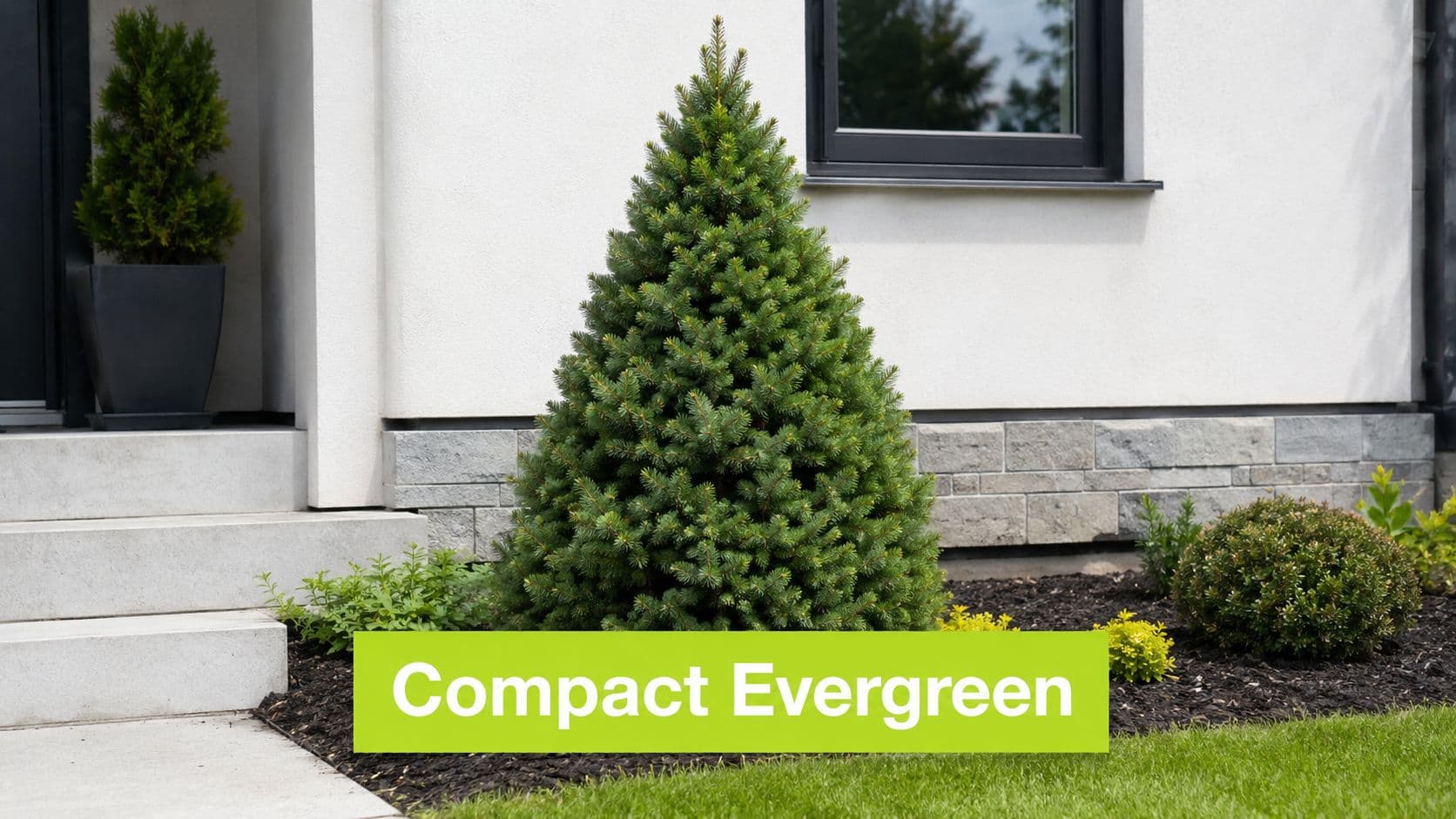 A conical evergreen tree planted in a landscaped garden bed in front of a modern white house.