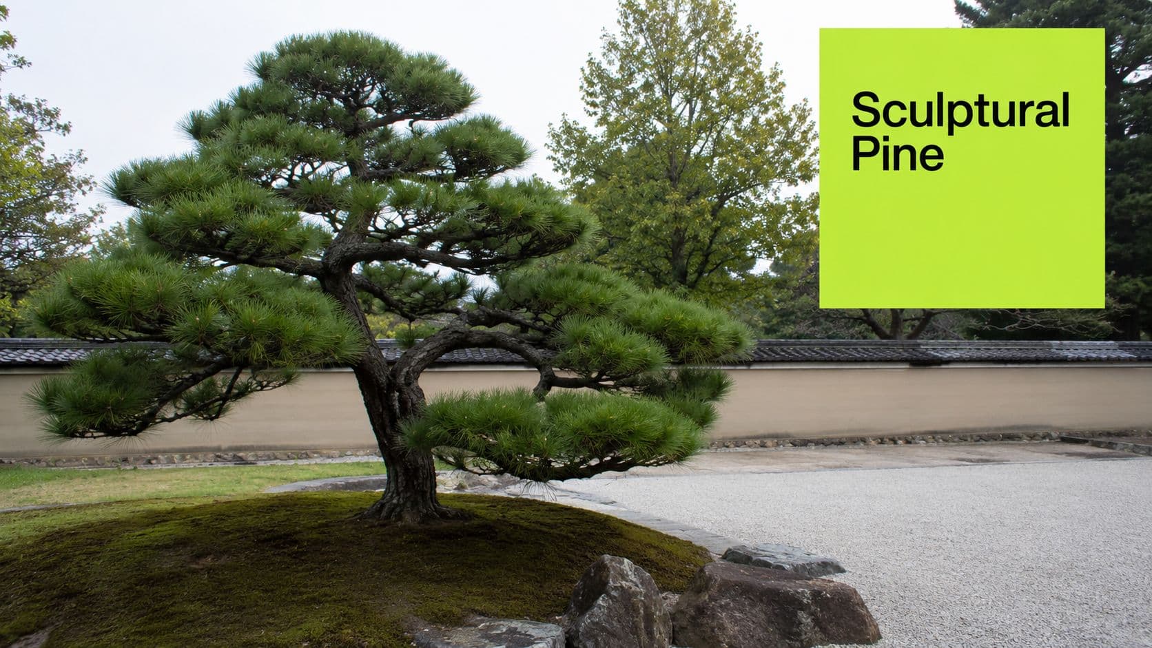 A meticulously pruned sculptural pine tree stands elegantly within a traditional Japanese garden with raked gravel.