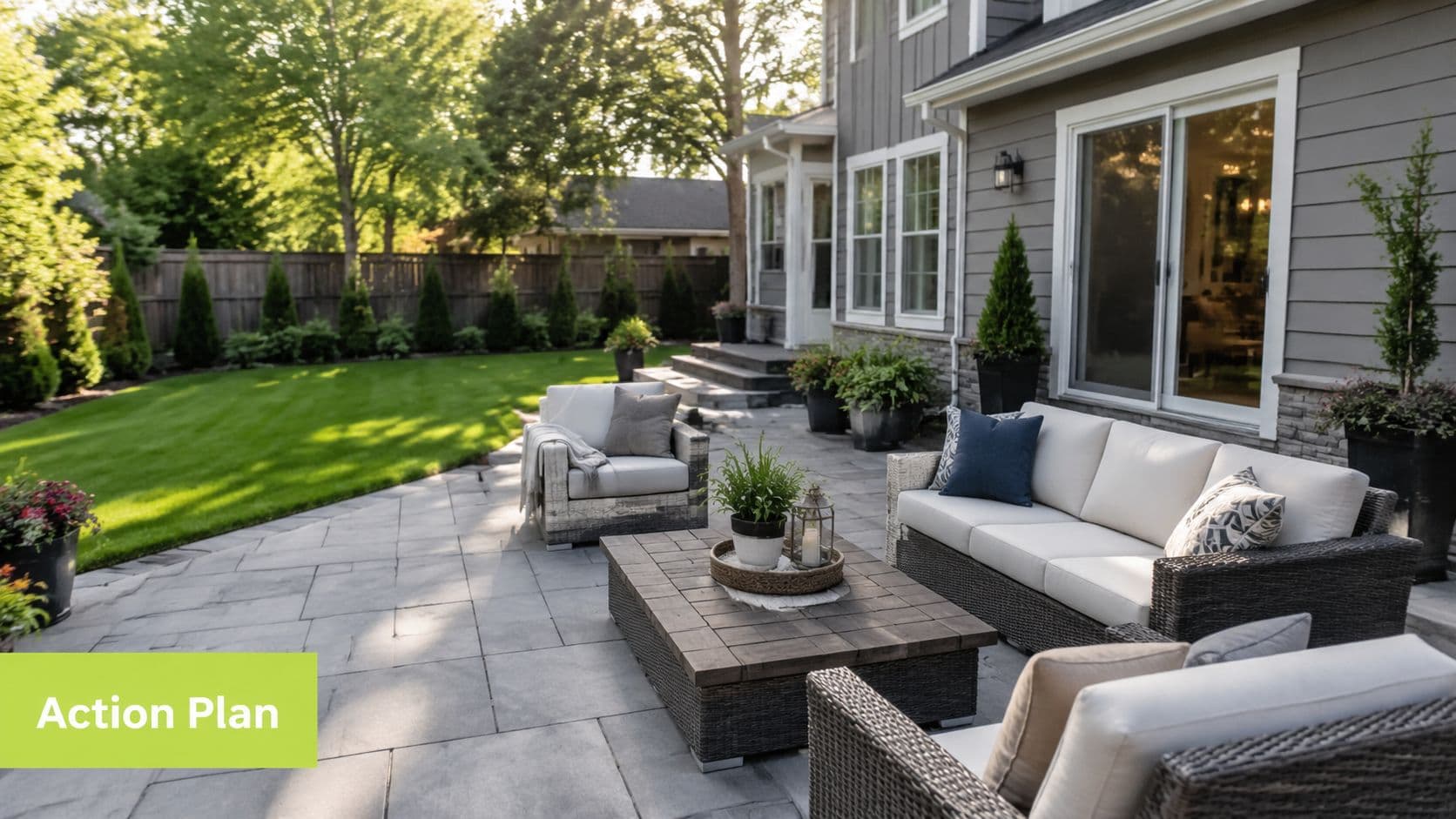 A modern outdoor stone patio furnished with comfortable wicker sofas, cushions, and a wooden coffee table.
