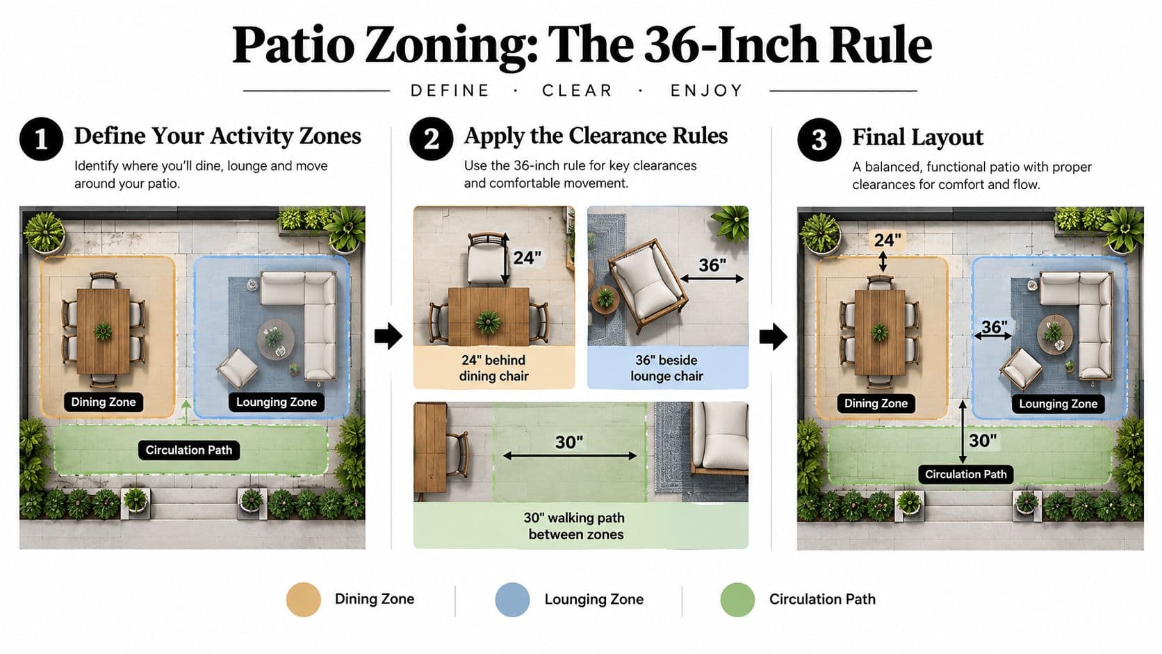 An instructional infographic detailing three steps to effectively plan a patio layout for dining and lounging.