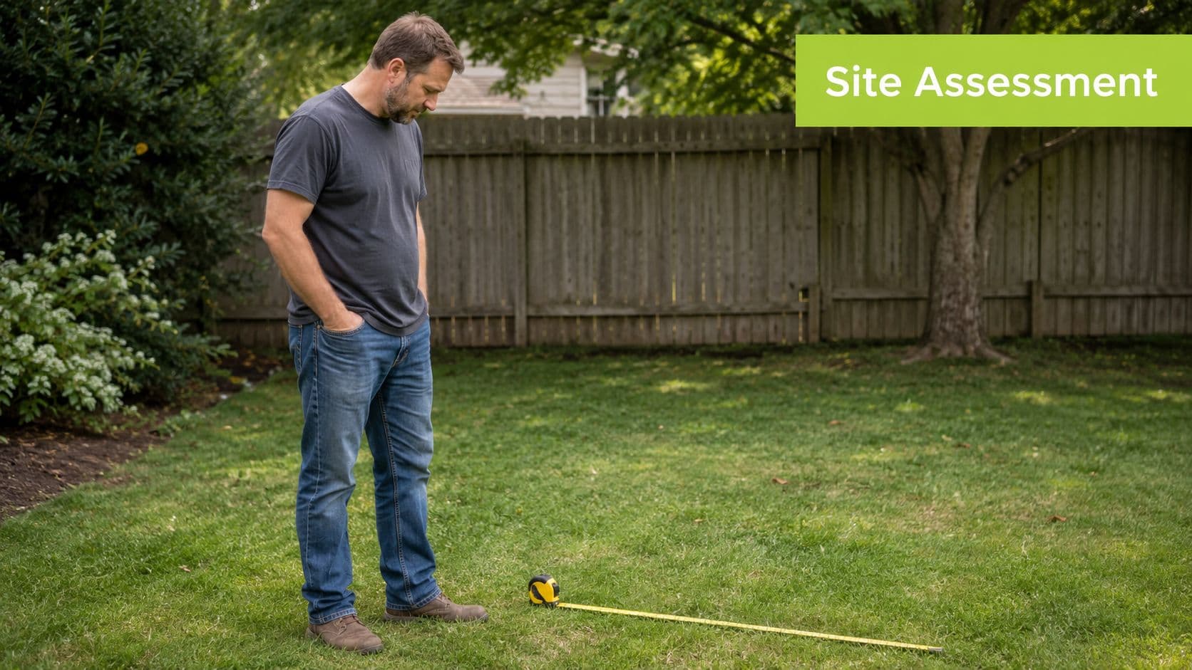 A man in a backyard looking down at a tape measure placed on the grass during assessment.