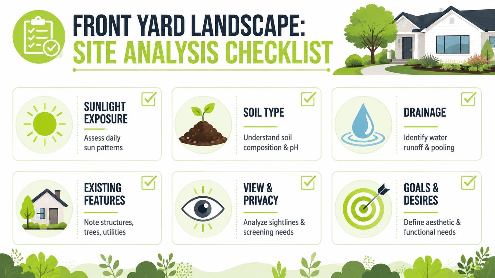 A landscape site analysis checklist infographic for planning a front yard design project for homeowners.