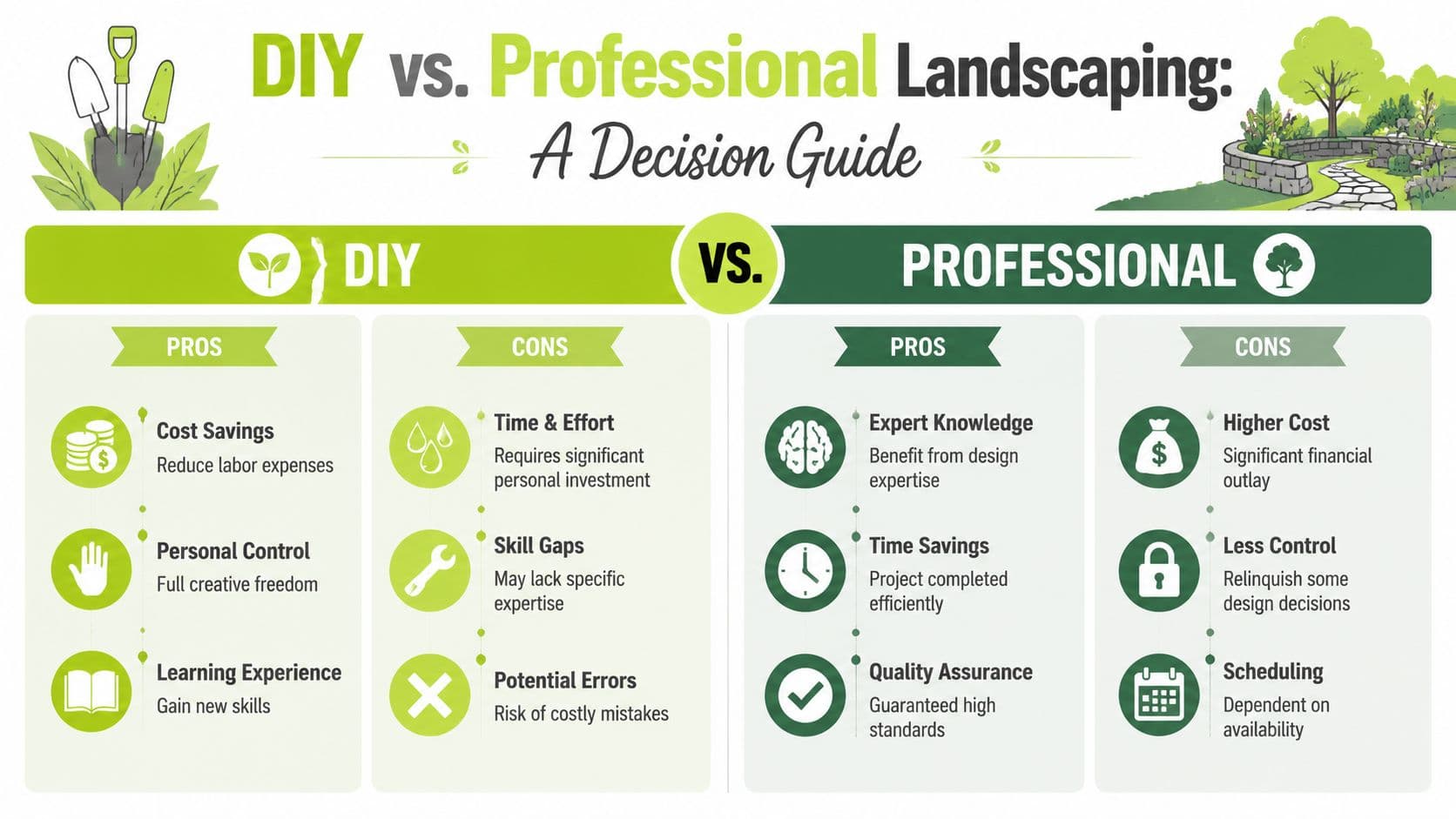 A helpful comparison infographic highlighting the advantages and disadvantages of DIY versus professional landscaping for homeowners.