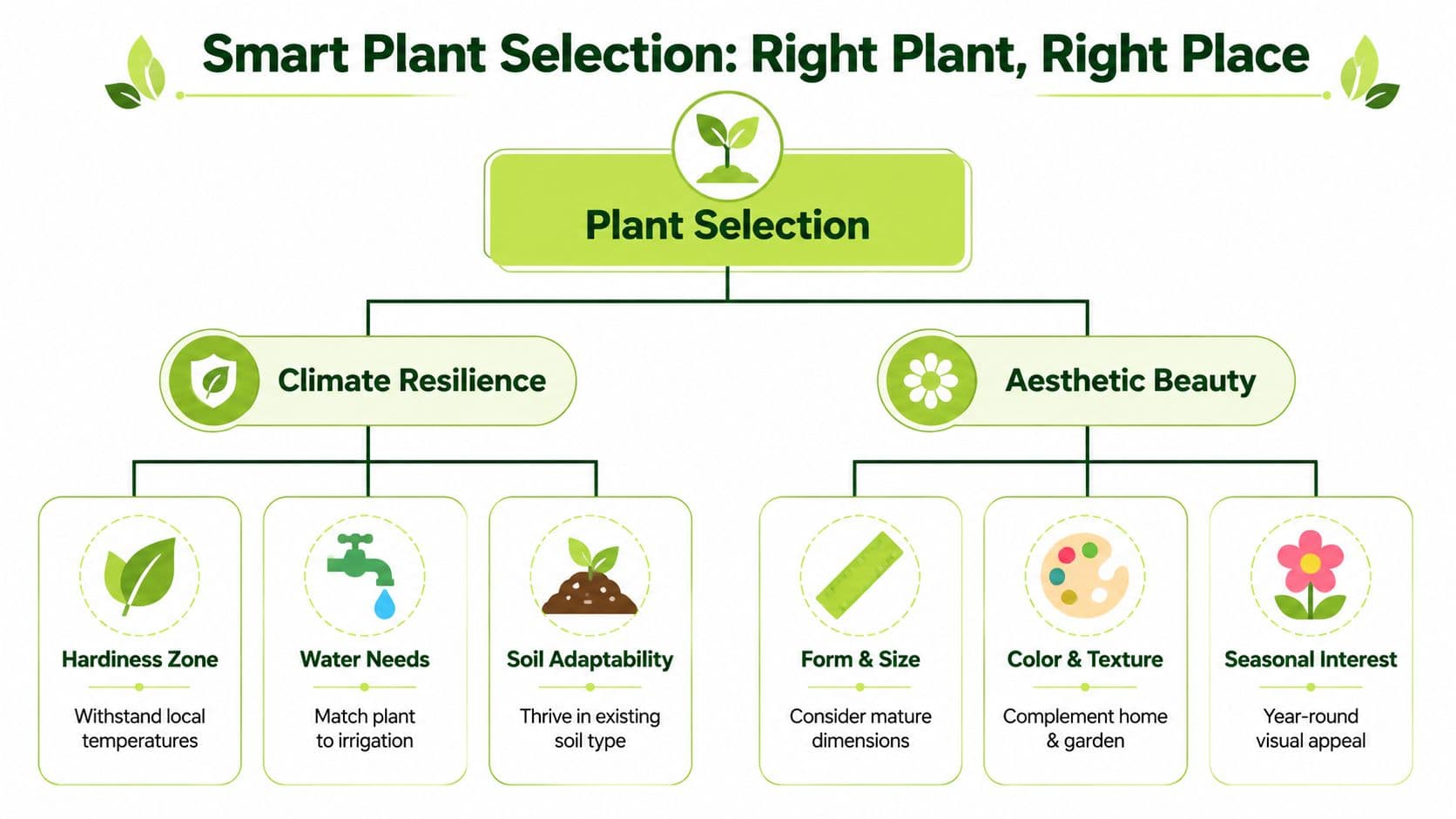 A diagram outlining the smart plant selection process for gardening, focusing on climate resilience and aesthetic beauty.
