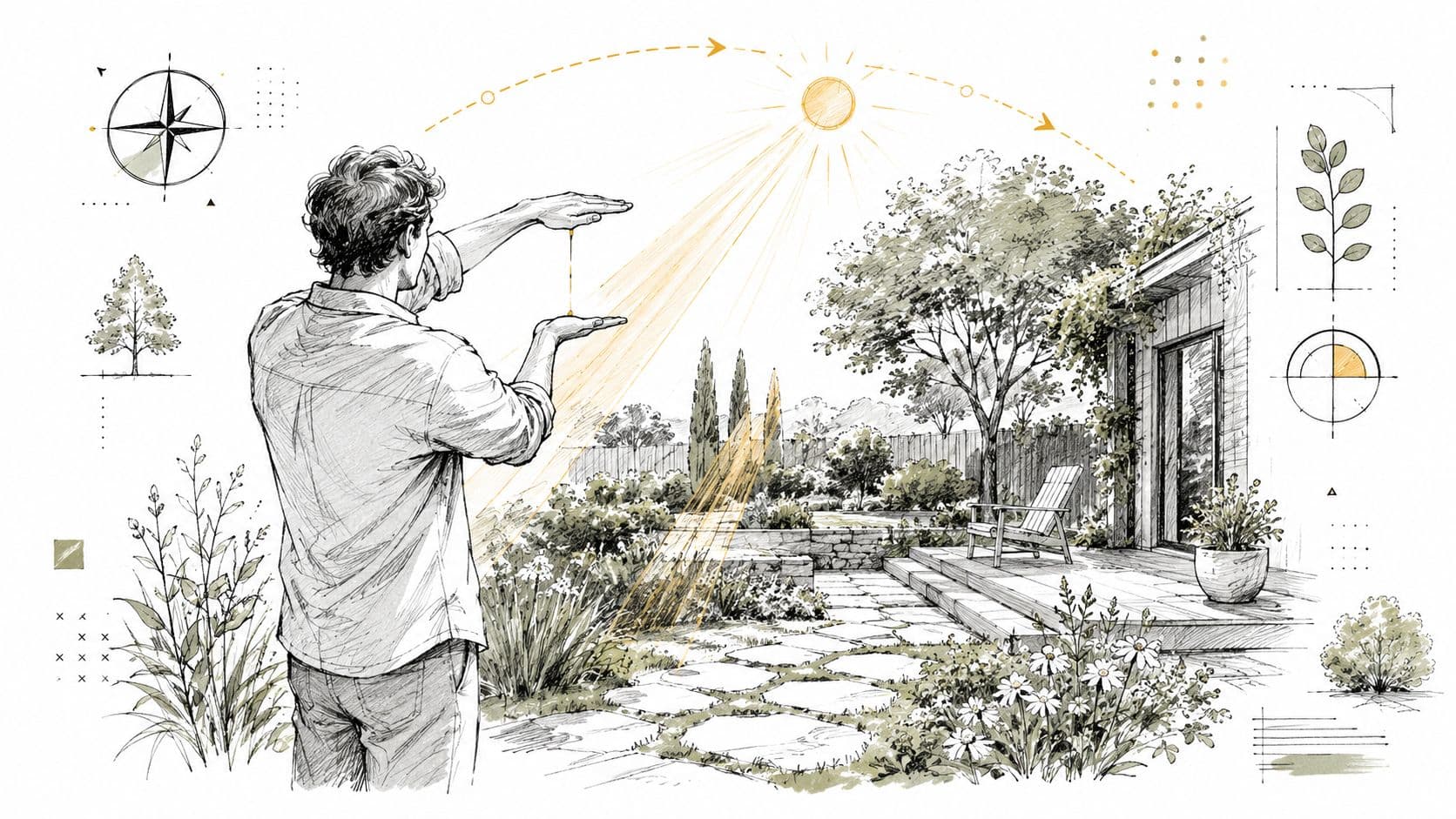A person planning a garden landscape design with solar orientation illustrated through technical sketches and architectural elements.