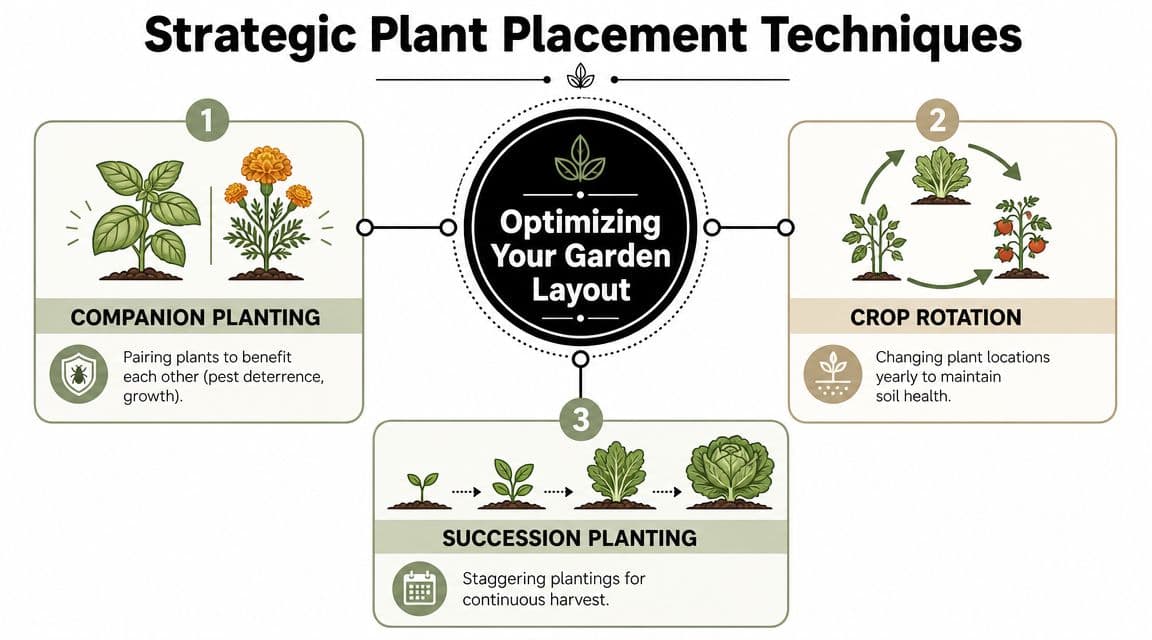 An infographic illustrating three strategic gardening techniques: companion planting, crop rotation, and succession planting for garden optimization.
