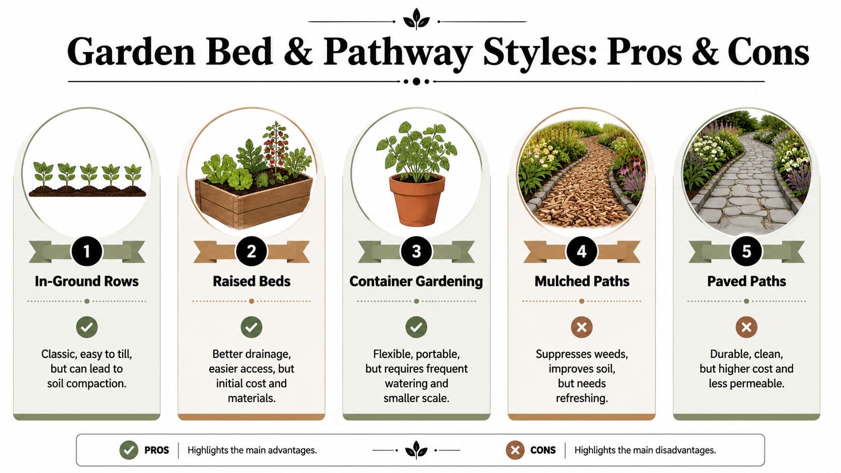 An infographic comparing five different garden bed and pathway styles with their respective pros and cons.