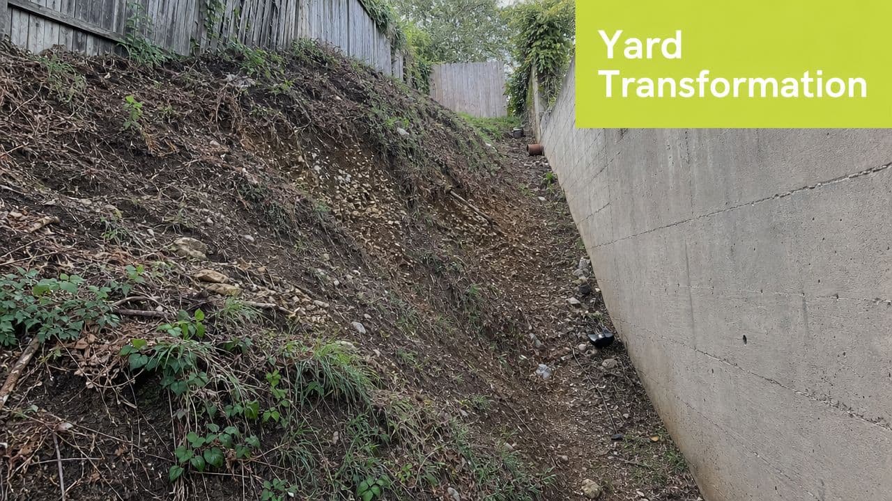 A steep, unlandscaped dirt embankment sitting between a concrete retaining wall and a wooden fence.