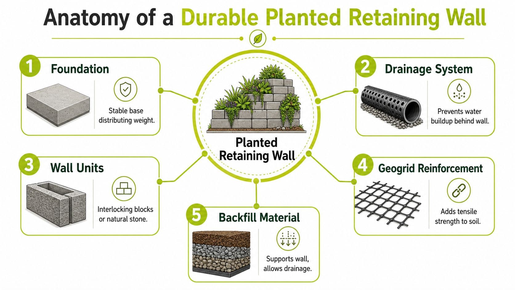 An infographic showing the five key structural components needed to build a durable planted retaining wall system.