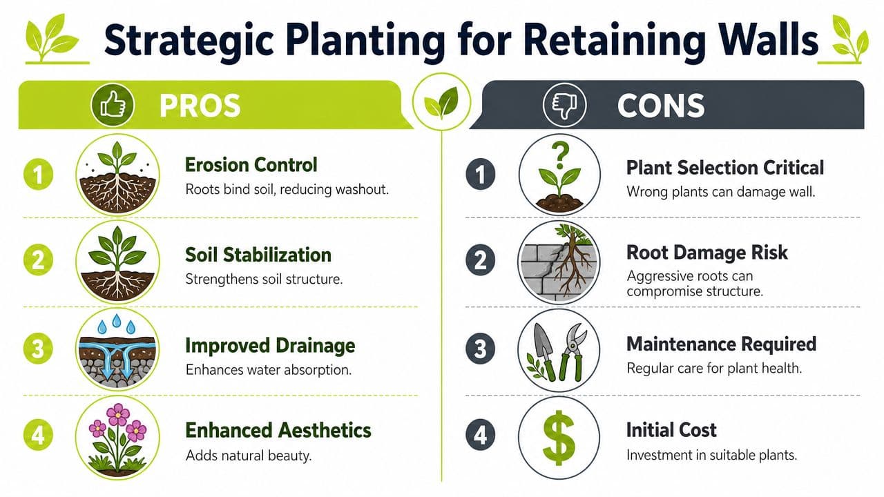 An infographic titled Strategic Planting for Retaining Walls outlining the benefits and potential drawbacks of using plants.