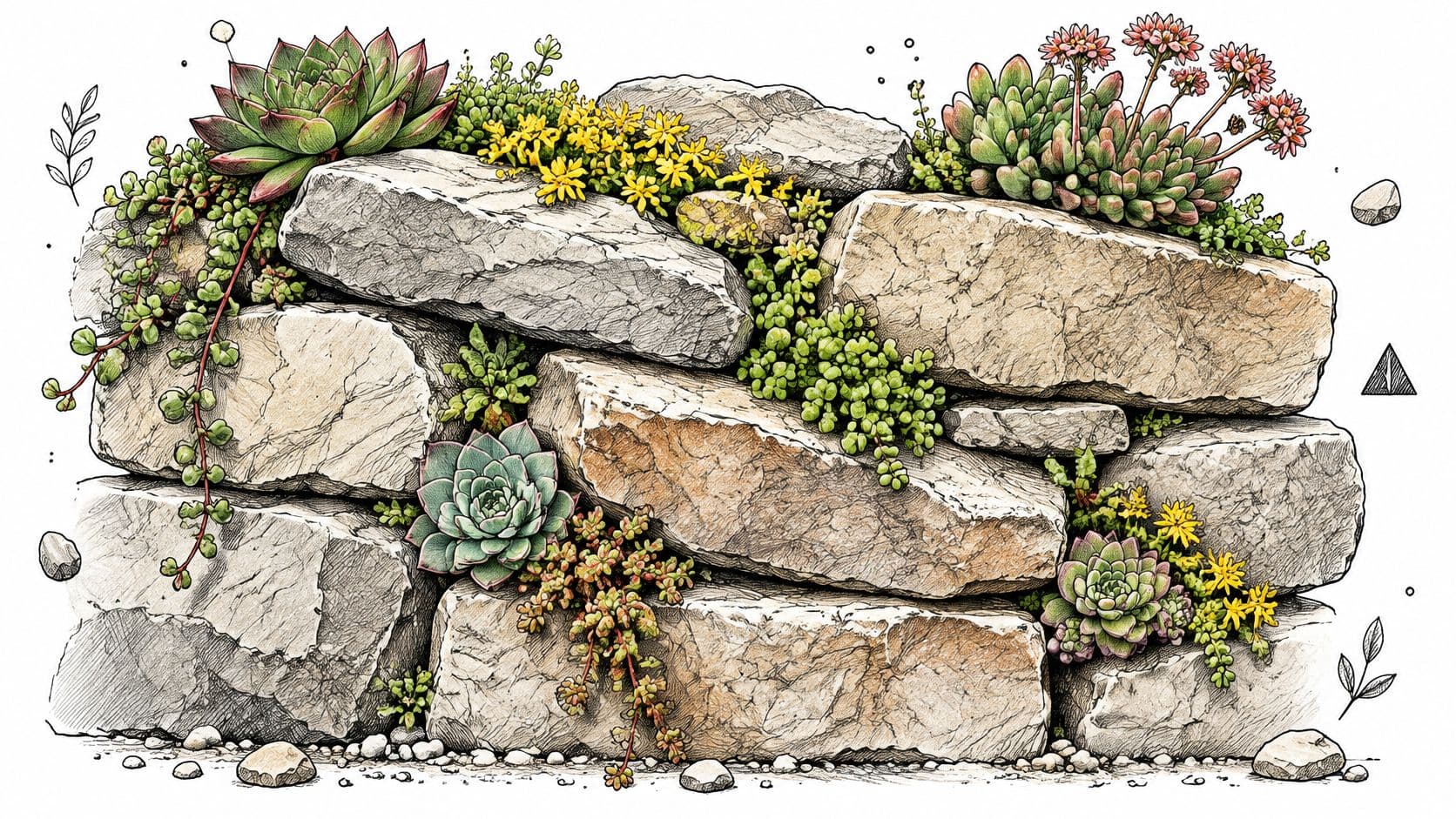 A hand-drawn illustration featuring a rustic stone retaining wall beautifully decorated with various succulents and flowering plants.