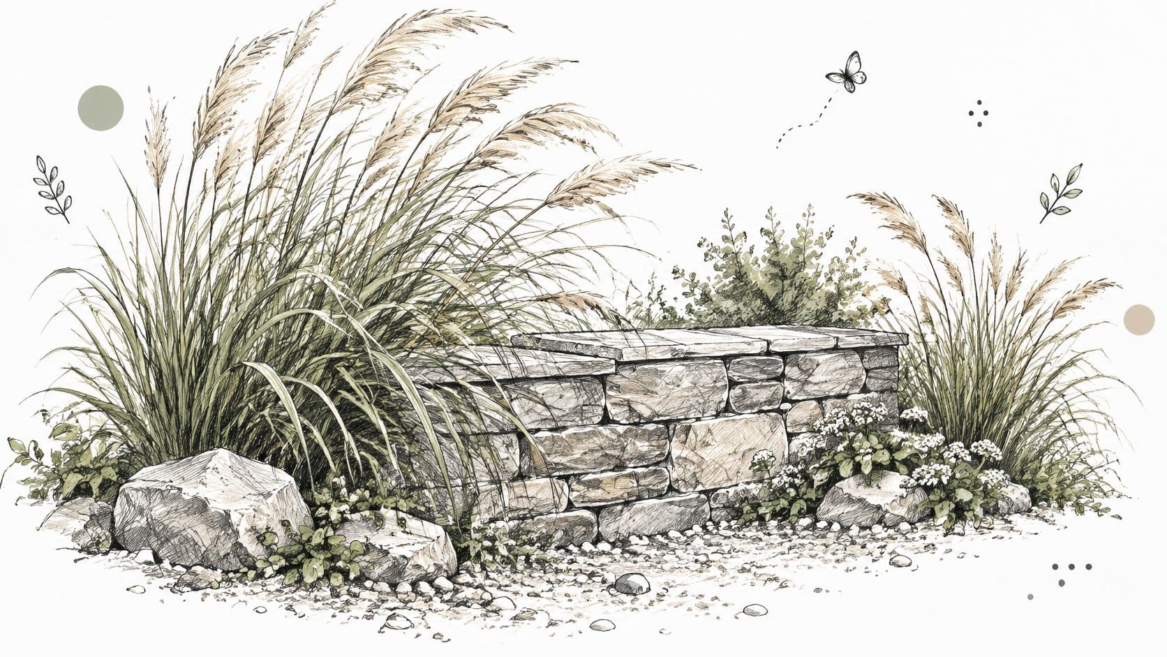 A hand-drawn sketch of a stone retaining wall surrounded by tall ornamental grasses and small rocks.