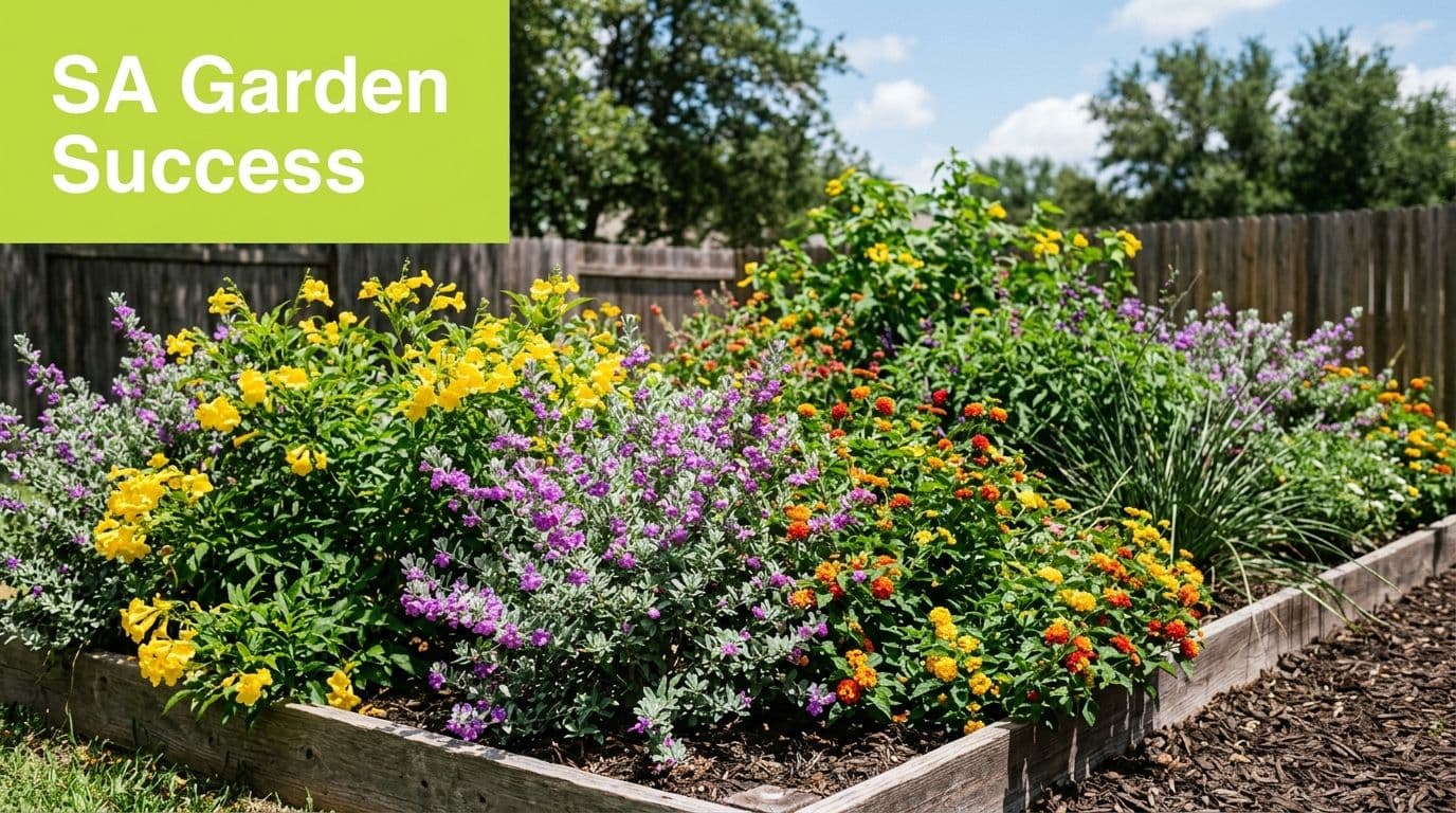 A vibrant garden bed featuring yellow bells, purple sage, and lantana flowers in a sunny backyard.