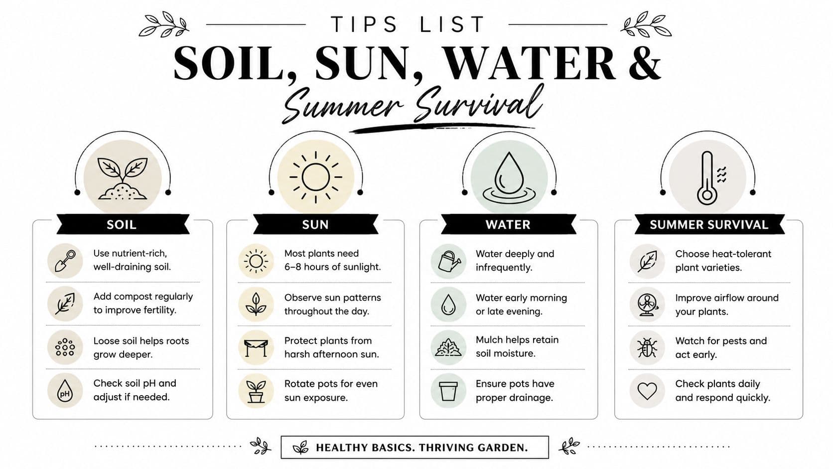 An infographic titled Soil, Sun, Water and Summer Survival offering essential gardening maintenance tips for plants.