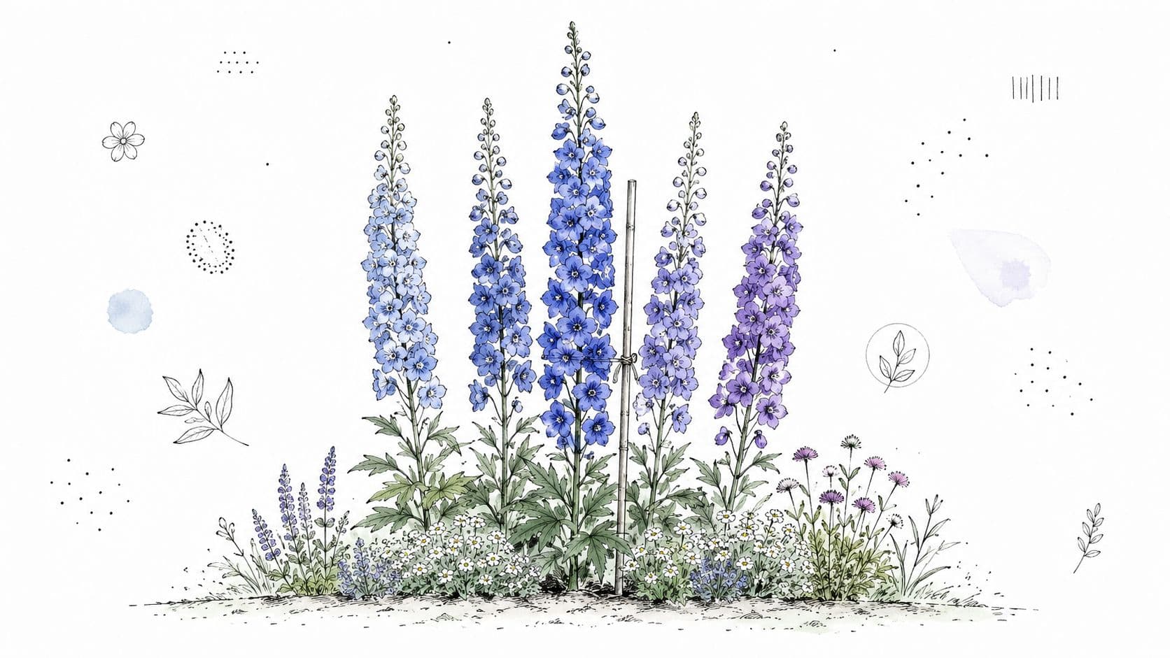 A beautiful watercolor botanical illustration of tall blue delphinium flowers surrounded by small white garden blossoms.