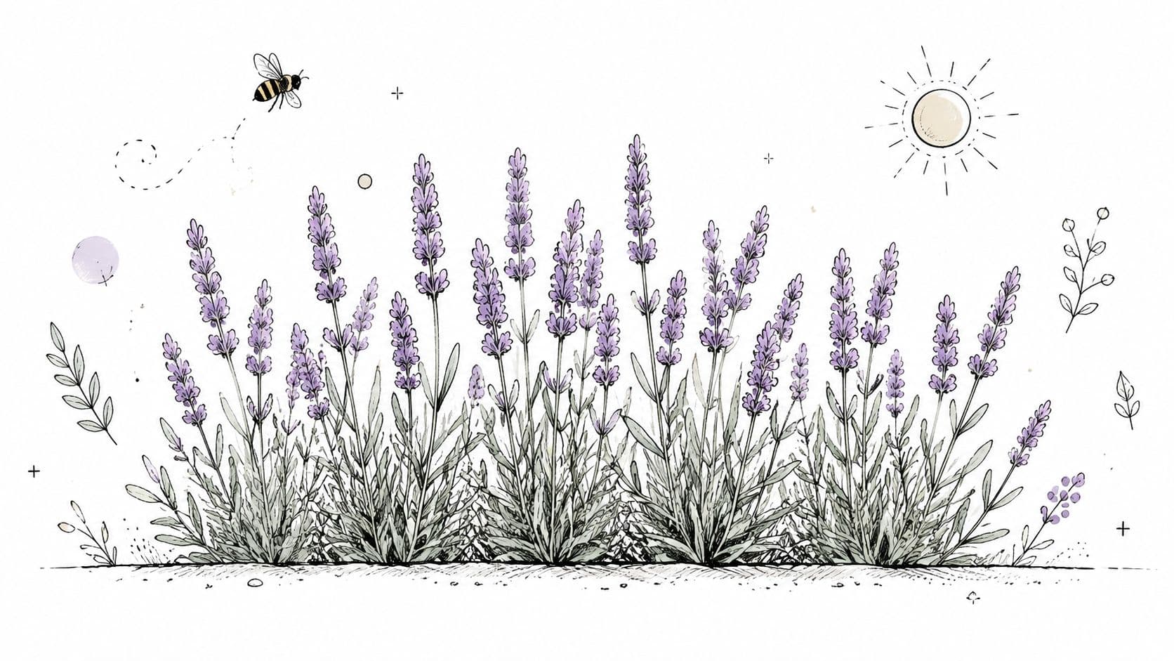 A delicate hand-drawn illustration featuring a cluster of lavender flowers, a small bee, and a sun.