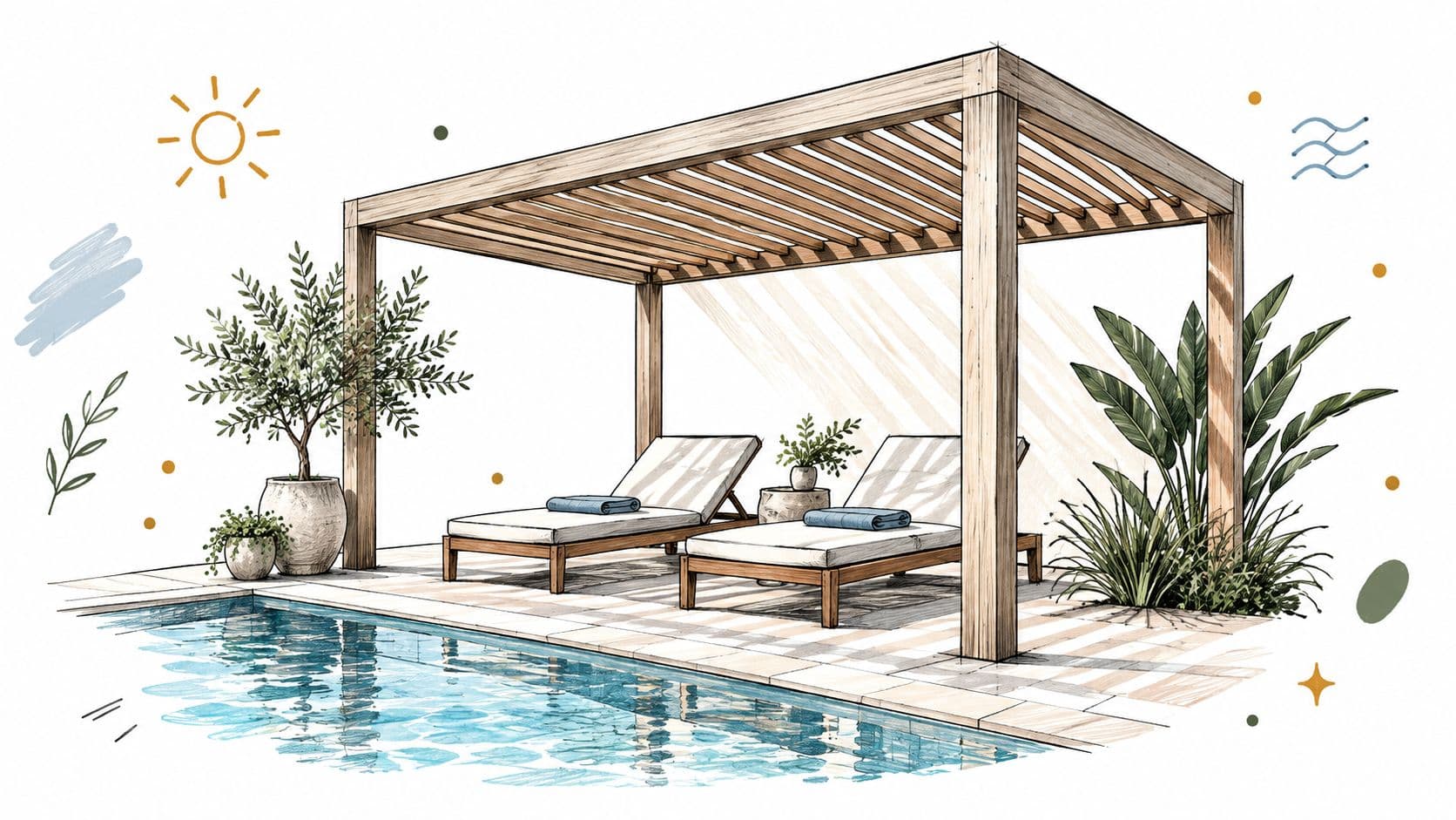 A modern outdoor pool area featuring a wooden pergola, two lounge chairs, and potted plants.