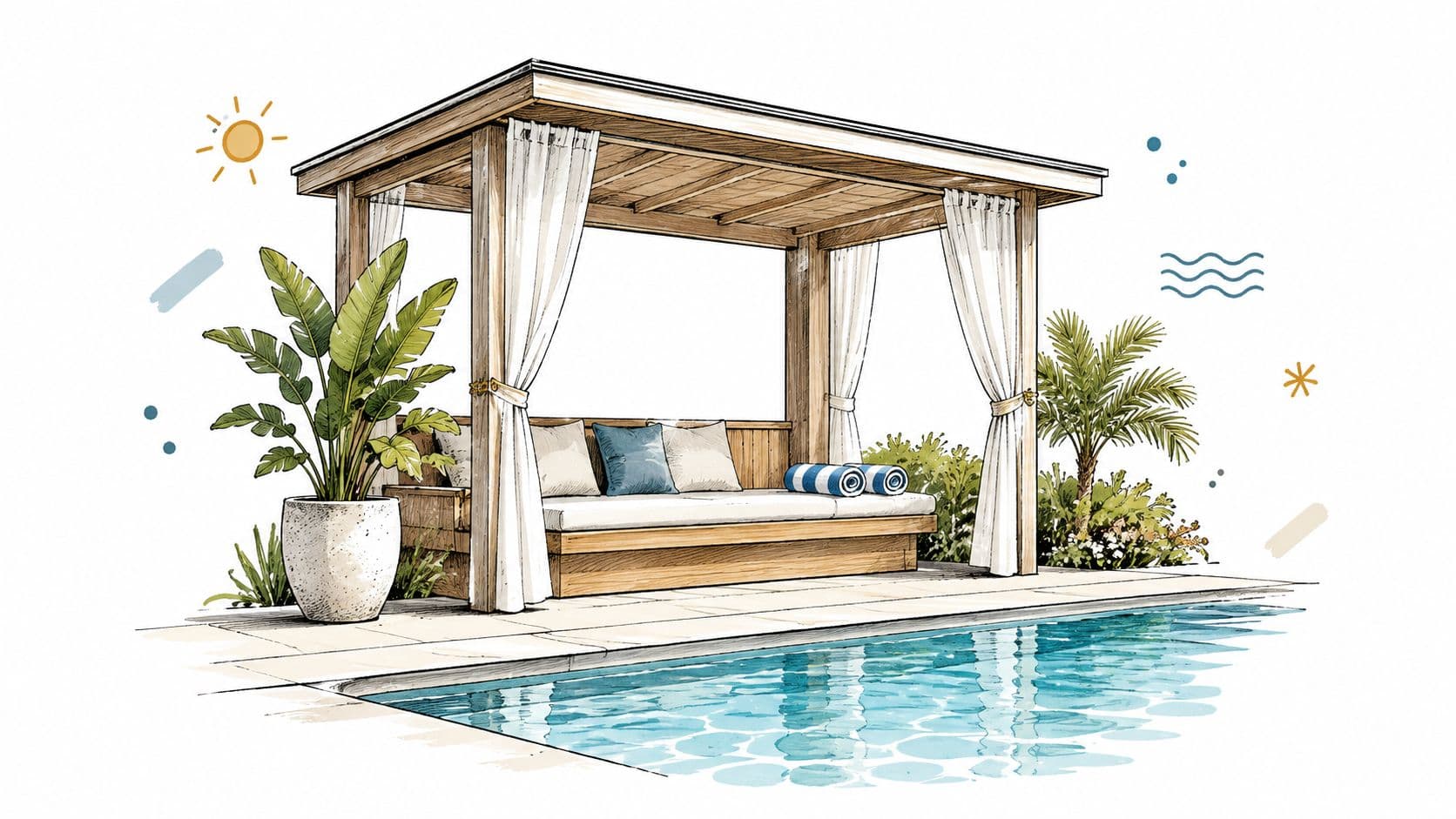 A beautiful wooden cabana next to a swimming pool with white curtains and tropical plants.
