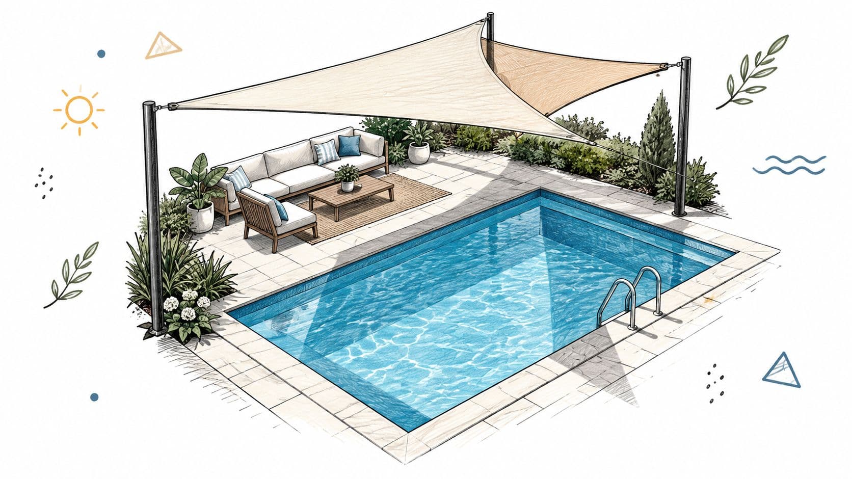 A modern outdoor swimming pool with a seating area protected by a beige triangular shade sail.