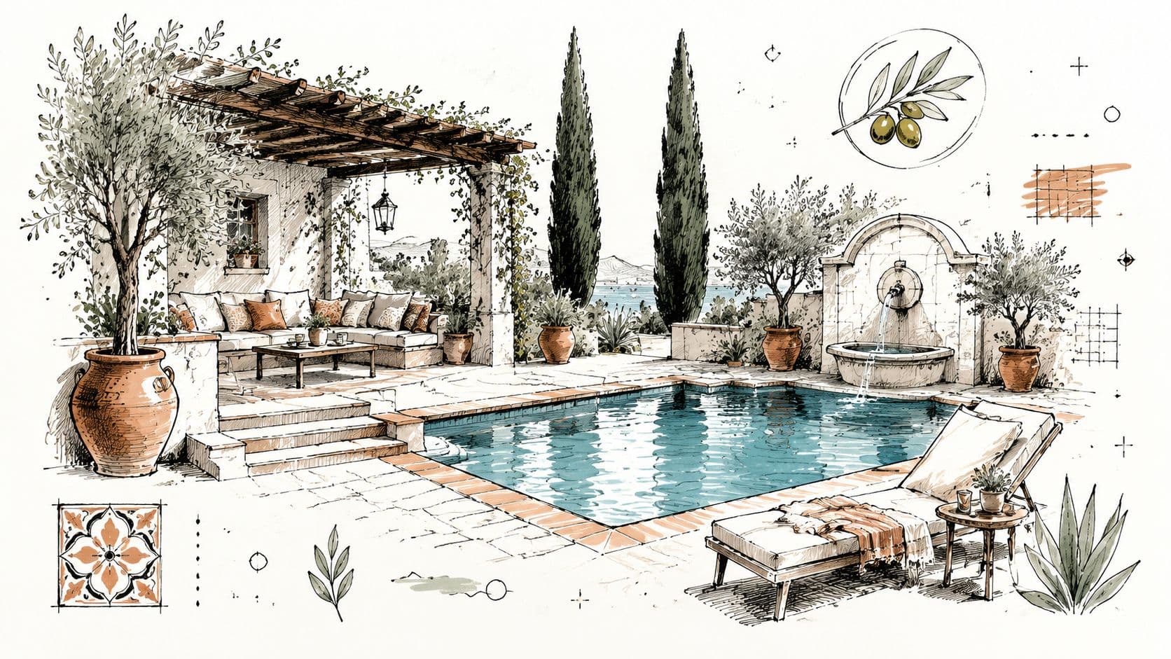 A beautiful sketch of a Mediterranean poolside patio area featuring a swimming pool, lounge furniture, and olive trees.